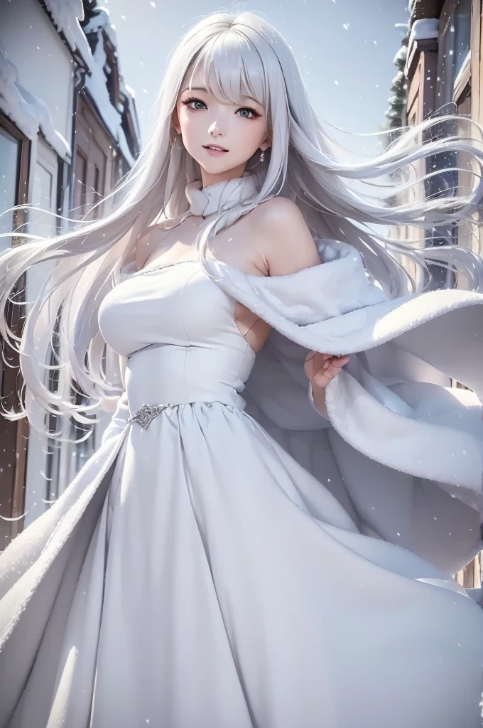 ((masterpiece:1.5、8k、Portraiture、フォトリアリスティックでVery detailedなCG、Very detailed、Particle Effects、Dynamic Effects、Shallow depth of field、Cinematic Light、Lens flare、Ray Tracing、Tabletop、Realistic:1.4、Ultra-high resolution:1.2、Realistic、Realistic))((alone、 off shoulder knit sweater、long skirt、Elegant woman posing、Detailed face、bright表情、young, bright, Whiter skin、Ample breasts、Best Looks、Ultimate beauty、Shiny silver hair with highlights、bright and shiny hair,、Super long, Silky straight hair、Hair dancing in the wind))(morning、The setting is outdoors in the snow、Surrounded by illuminations). from behind:1.5, look back