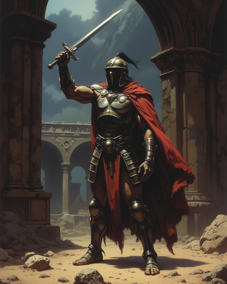 Frank Frazetta fantasy oil painting, Saudi Arabian gladiator, wearing battle-scarred armor and standing in a darkened coliseum, his sword raised in victory. His pose, one of strength and triumph, contrasts with the gritty, dramatic Dungeons & Dragons-style background of shadows and ancient ruins.