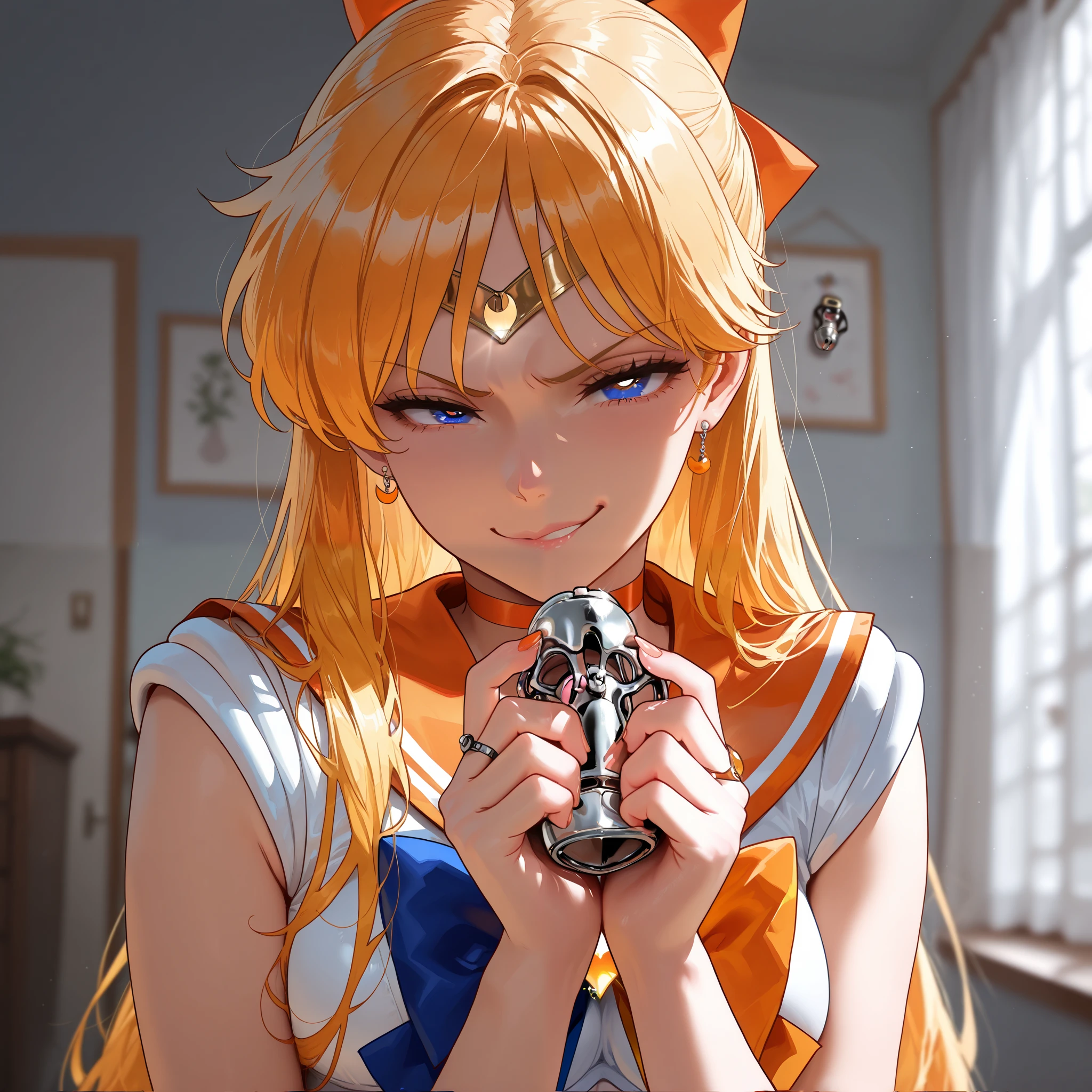 (masterpiece, best quality, high resolution, 8k, score_9, score_8_up), (((orange Sailor Venus))), ((holding chastity cage)), ((smirk)), (smile), onomatopoeia, long hair