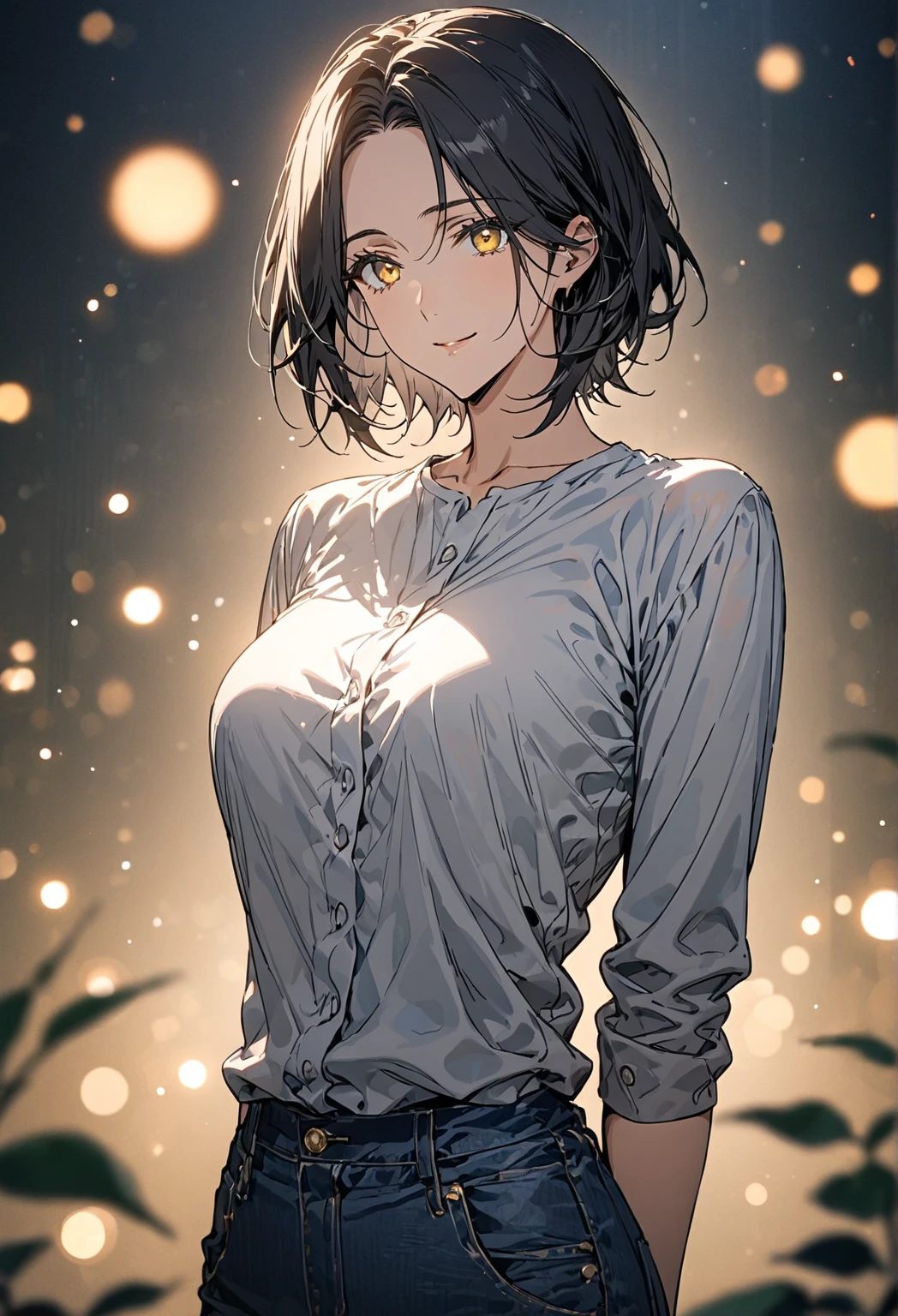 Tatiana Cartien, masterpiece, best quality, ultra-detailed, 8K, solo, alone, mature woman, adult woman, calm, elegant, beautiful, busty housewife, parted bangs, black hair, very short hair, tomboy, tomboyish hairstyle, yellow eyes, She is wearing a shirt and jeans. Standing on a magical dreamy celestial forest, night sky, cinematic depth of field, bokeh, close mouth, sweet smile, looking gently at the viewer, both hands and arms are behind her back, standing,