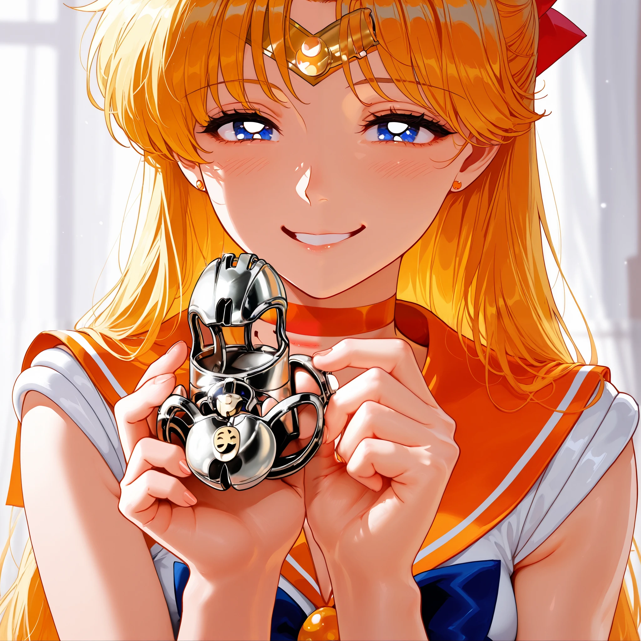 (masterpiece, best quality, high resolution, 8k, score_9, score_8_up), (((orange Sailor Venus))), ((holding chastity cage)), ((giggle)), (smile), onomatopoeia, long hair