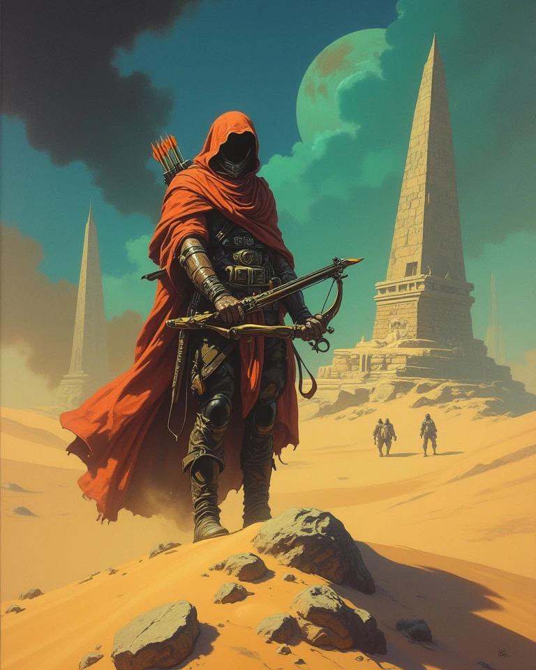 Frank Frazetta fantasy oil painting, Saudi Arabian desert ranger, holding a crossbow with glowing arrows, standing in a vast, mysterious desert filled with ancient obelisks. His pose reflects modern street fashion photography, while the dark fantasy elements include looming creatures and swirling sands.