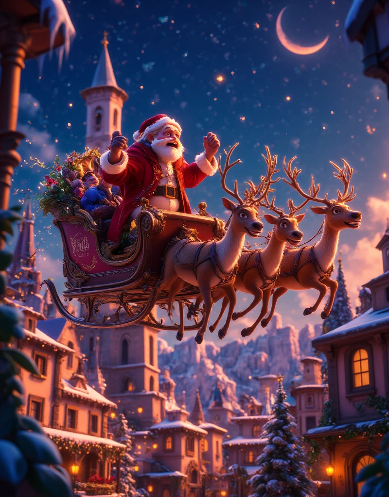 highly detailed, dynamic, cinematic, stunning, realistic lighting and shadows, vivid, vibrant, octane rendering, Unreal Engine, highly detailed, concept art, realistic, cry engine, (dramatic, grainy, intense: 1.4), highest quality, 32k uhd, incredibly detailed, intricately detailed, ultra detailed, ultra high quality, high detail, ultra detailed, masterpiece, A magical 3D Disney-style animation scene of (huge muscular Santa Claus) riding his sleigh, pulled by eight majestic reindeer, soaring high across a starry Christmas Eve sky. huge muscular Santa, dressed in his classic royal blue suit and hat, waves cheerfully as he prepares to deliver presents to ren around the world. The sleigh sparkles with golden magic dust trailing behind, adding a whimsical glow to the scene. Below, a picturesque town is beautifully decorated with festive Christmas lights, with rooftops and trees shimmering in warm colors. The streets are bustling with tiny glowing details of families celebrating indoors. The night sky is deep blue, dotted with twinkling stars and the soft glow of a crescent moon, creating a sense of wonder and warmth. The style is vibrant and colorful, capturing the charm and magic of a Disney animated holiday story.