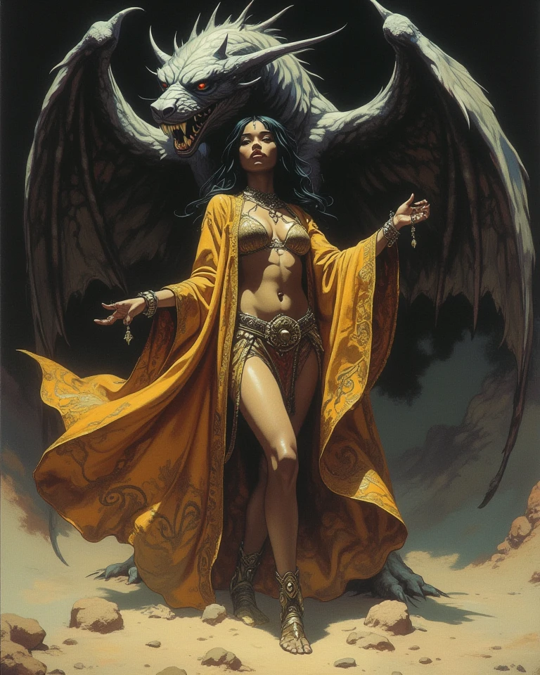 Frank Frazetta fantasy oil painting, Saudi Arabian shapeshifter, wearing a flowing robe with golden patterns, mid-transformation into a mythical creature. Her pose, full of grace and control, is captured with a street-style aesthetic, while the background shows a dark and foreboding fantasy landscape.