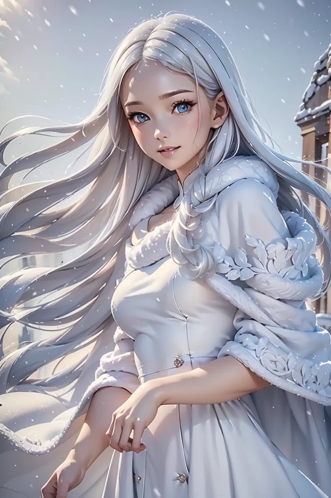 masterpiece, (highest quality: 1.2), (super fine: 1.2), figure, (very delicate and beautiful: 1.2), film angle, floating, (beautiful detail eyes: 1.1), (detail light: 1.1), film light, delicate sky, realistic:1.3, 1girl, white hair, medium breasts, winter dress and coats, outdoors, snow falling, off shoulder dress, far corts, ruins
