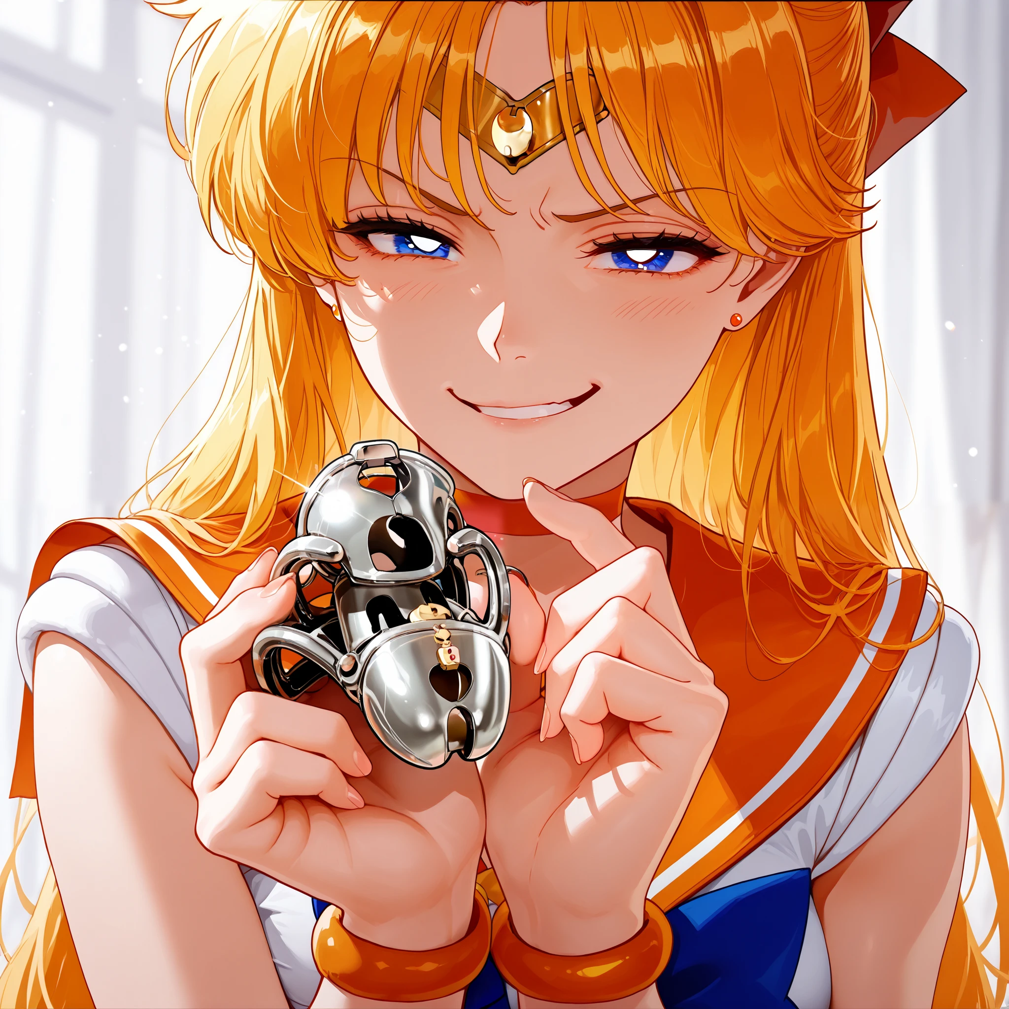 (masterpiece, best quality, high resolution, 8k, score_9, score_8_up), (((orange Sailor Venus))), ((holding chastity cage)), ((giggle)), (smirk), onomatopoeia, long hair