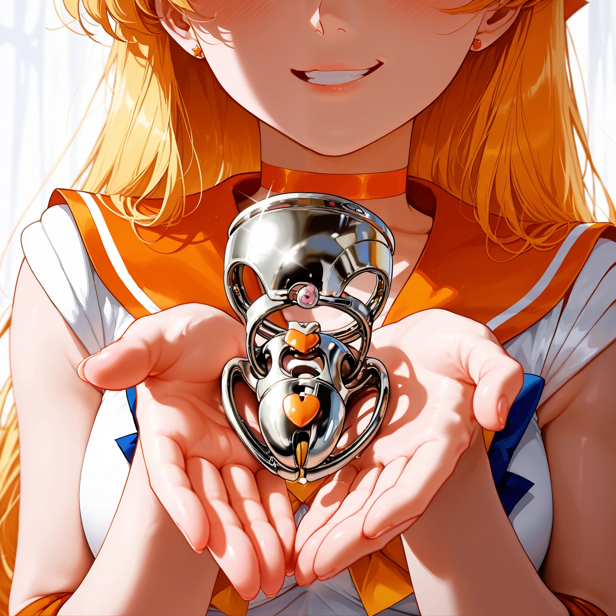 (masterpiece, best quality, high resolution, 8k, score_9, score_8_up), (((orange Sailor Venus))), ((holding tiny chastity cage)), ((giggle)), face, long hair