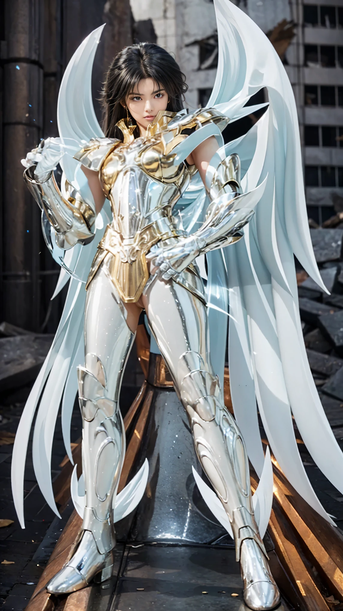 Make 4 pictures with different poses. 1 girl, curvy body, Large breasts, with long shimmering dark blue hair, black skin, and a golden chest. Exposing the chest, exposing the waist, exposing the thighs, cool pose, Saint Seiya god armor, with very intricate details like scales. A warrior, tested in battle, Gold Warframe, a highly intricate and sharp armor decoration, a strong and sexy body, clear lines, determination, Mystical rune, Ultra-high saturation, (masterpiece), full-body photo, (best quality), Wearing a shimmering golden armor, Armor type sexy lingerie woman, bikini, neatly styled long hair, high detail, Anime style, cinematic lighting, Shining, divine light, ray tracing, film grain, hyper HD, skin texture, super detail, Correct anatomy, high resolution, Ultra-high saturation, high contrast, High-gloss armor, Smooth skin, Serious expression. the background of a ruined ancient Roman building.