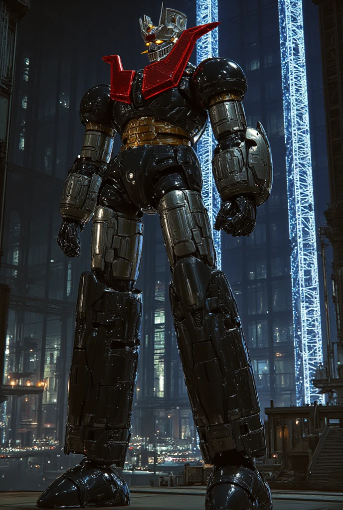  a very realistic version of the modified Mazinger Z,  Standing 100 meters high in a forward leaning position.   constructed with modern materials such as steel  ,   Carbon Fiber  ,   Other industrial elements are also visible  ,   just like the real thing  ,   has been carefully recreated 。.  set in a modern nuclear reactor facility 、 an industrial environment where a high voltage current flows and emits light   ,   Masinger Z standing around  ,   are illuminated by natural light  、  A huge structure highlighted by realistic shadows  . LED light lighting  　Gundam