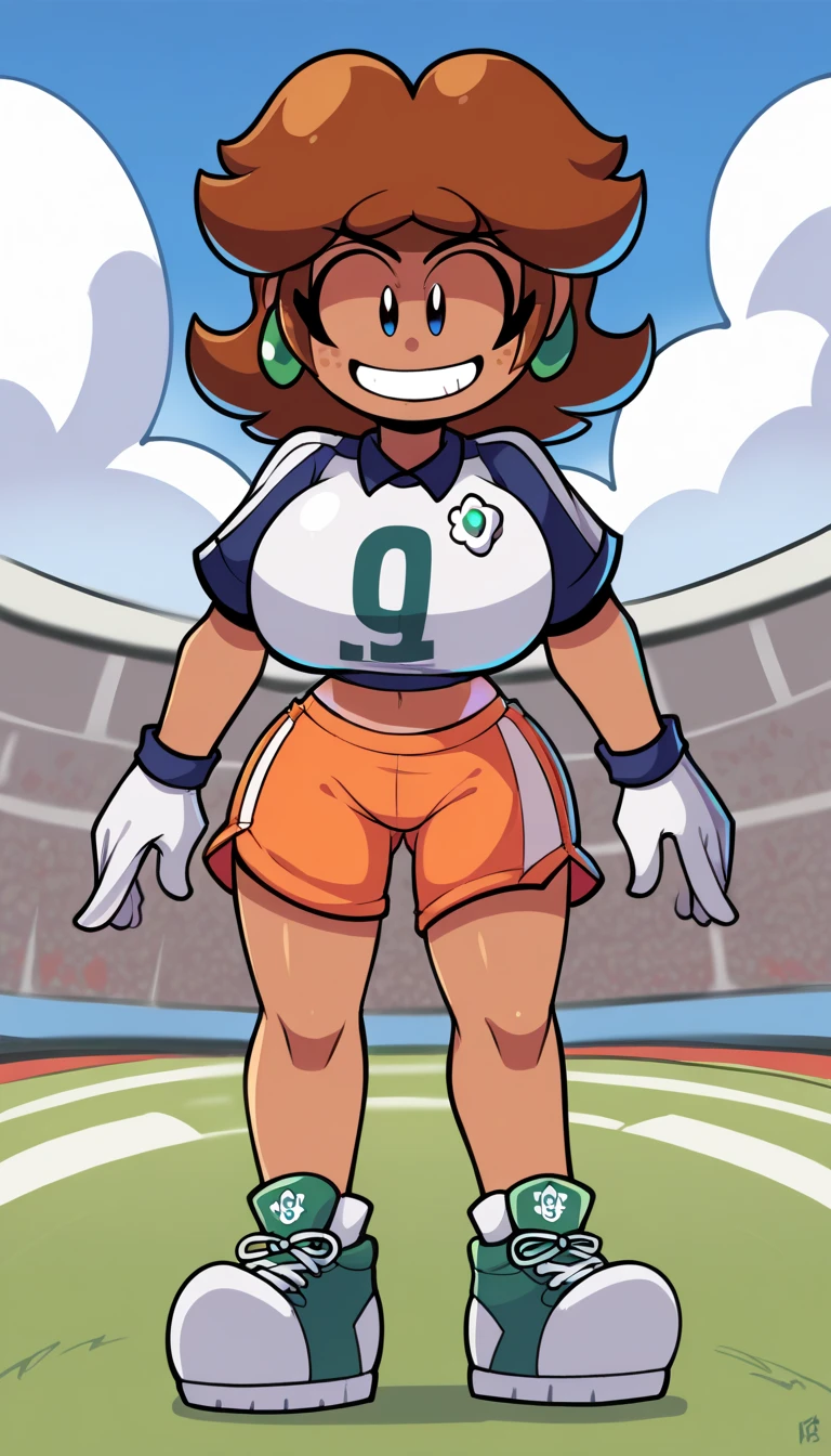  zPDXL, score_9, score_8_up, score_7_up, source_anime, 1girl, solo,
 pringus, Princess Daisy, brown hair, medium hair, freckles, tan-skinned female, grin, happy, tomboy, huge breasts, thick thighs, soccer uniform, short sleeves, white gloves, orange teel shorts,midriff, standing, smile, aqua lines, soccer field, outdoors, (insanely detailed, masterpiece, best quality), 1girl, solo, sky, cloud, blue sky,, flat color, no sclera, black eyes prngs, princess daisy, brown hair, blue eyes,  blond skin, smug, standing, stand up, from front, complete body view, full body view, front view,