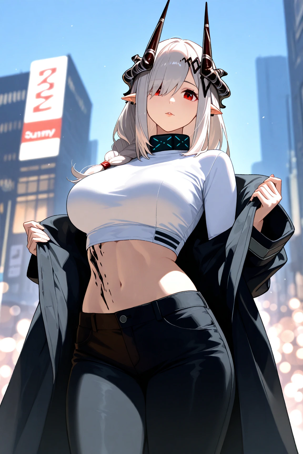 {{super detail, best quality, anatomically correct, textured skin, high quality, high details, highres, masterpiece, best quality}}, cowboy shot, 1girl, solo, mudrock \(arknights\), long hair, silver hair, horns, hair ornament, pointy ears, red eyes, white shirt, midriff, black pants, {{black coat, long sleeves}}, makeup, open coat, (solo:1.1), (mature woman:1.2), beautiful face, (detailed eyes), symmetric eyes, (thin lips), (long hair, grey hair, braid, hair over one eye, hair ornament), (beautiful round breasts), voluptuous body, toned, stomach, slim waist, (masterpiece, best qualty), soft ambient lighting, standing, front view, city street background, buildings, vivid colors, sunny day, blue sky, looking at the viewer, slim waist, HD, 8K, vivid colors, intricate, (absurdres:1.2), bokeh, (sharp focus) ((detailed face)), facial details, (pov thighs)