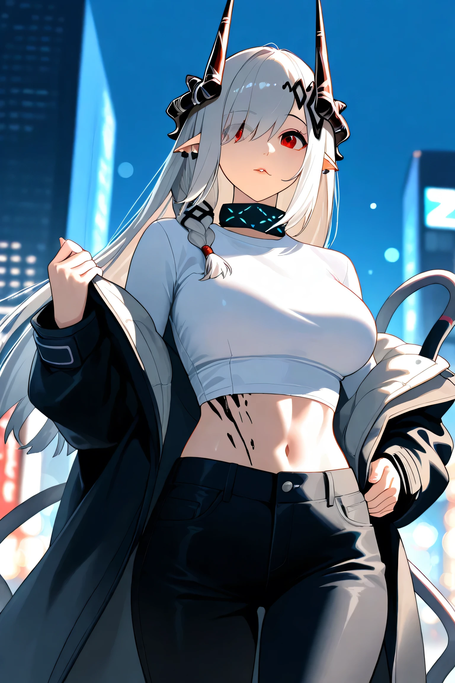 {{super detail, best quality, anatomically correct, textured skin, high quality, high details, highres, masterpiece, best quality}}, cowboy shot, 1girl, solo, mudrock \(arknights\), long hair, silver hair, horns, hair ornament, pointy ears, red eyes, white shirt, midriff, black pants, {{black coat, long sleeves}}, makeup, open coat, (solo:1.1), (mature woman:1.2), beautiful face, (detailed eyes), symmetric eyes, (thin lips), (long hair, grey hair, braid, hair over one eye, hair ornament), (beautiful round breasts), voluptuous body, toned, stomach, slim waist, (masterpiece, best qualty), soft ambient lighting, standing, front view, city street background, buildings, vivid colors, sunny day, blue sky, looking at the viewer, slim waist, HD, 8K, vivid colors, intricate, (absurdres:1.2), bokeh, (sharp focus) ((detailed face)), facial details, (pov thighs)