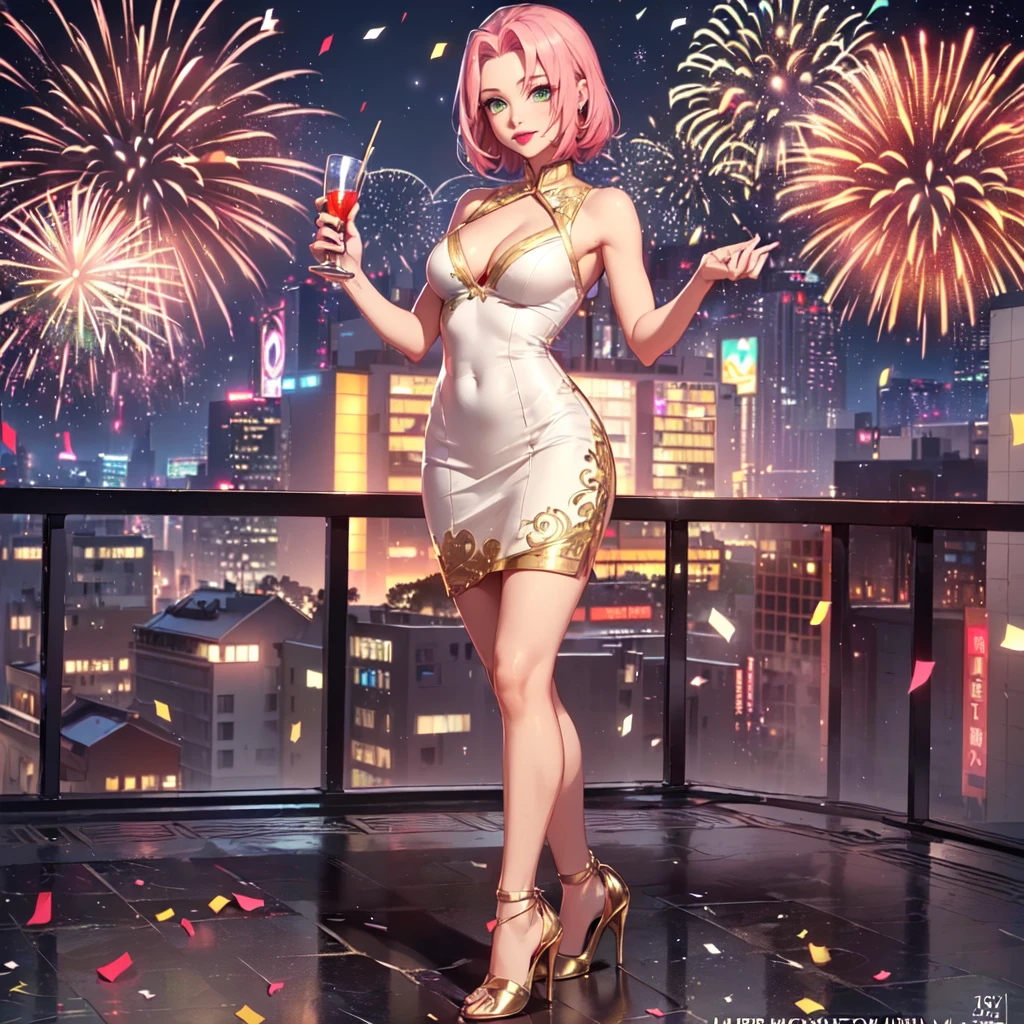 ((solo, 1woman, (harunoshipp, haruno sakura, sakura_haruno, Haruno Sakura, pink hair, short hair, green eyes, small bust), lipstick, Extremely detailed, ambient soft lighting, 4k, perfect eyes, a perfect face, perfect lighting, a 1girl)), ((solo, (1woman, lipstick), Extremely detailed, ambient soft lighting, 4k, perfect eyes, a perfect face, perfect lighting, a 1girl)), , ((fitness,, shapely body, athletic body, toned body)), ((white dress, dress with gold embroidery, lace dress, high heels, silver, new year, new year's eve, fireworks, 2025, happy new year, happy 2025, new year's party, window, night, stars, (high-angle shot), new year decoration, terrace, buildings, skyscraper, balcony, smug, party, confetti, smug, marble floor, red lipstick, cleavage, nickline))