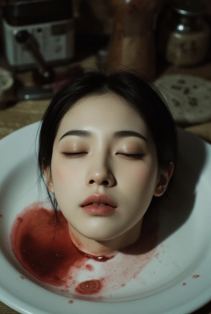   place the head of a decapitated woman , Asia,  Less blood stains   , ((  with eyes closed )),   like a dish on a plate  , Bloody,  actual , 4K, Nikon, fear