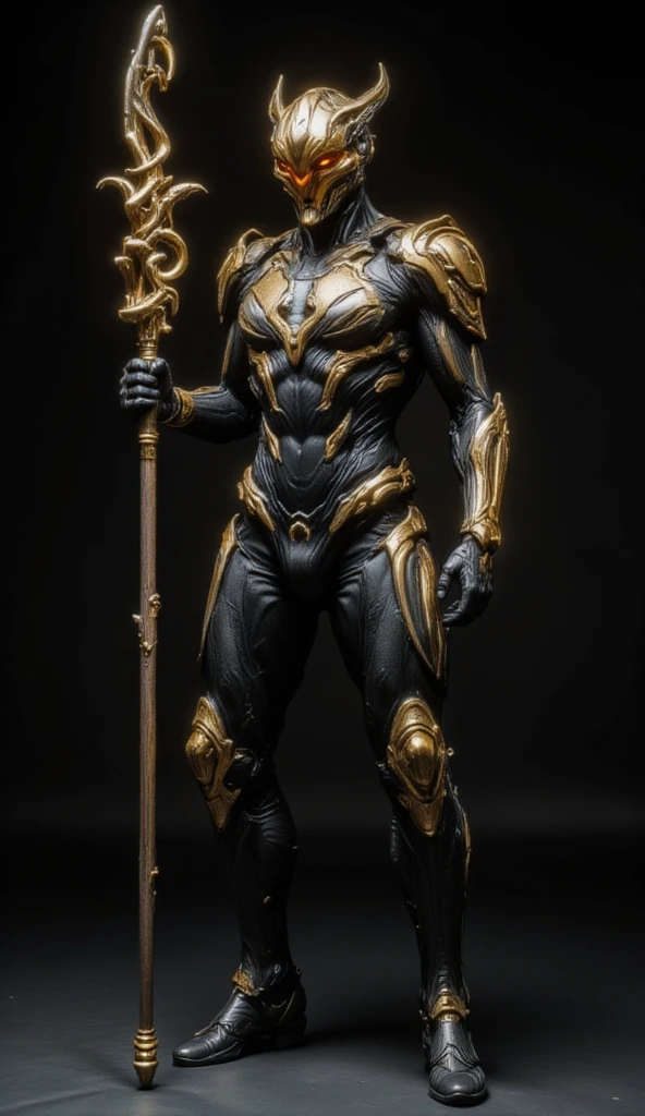 Warframe, a formidable warrior clad in an exosuit of advanced armor, stands tall against a dark backdrop. The suit's primary component is a sleek, high-tech exosuit, adorned with intricate, burnished gold accents that evoke a sense of ancient power. The Warframe's armor is divided into three distinct sections: the upper torso, adorned with a striking, orange-tinted visor; the lower torso, featuring an ornate, articulated plating system; and the legs, reinforced with a network of metallic struts and plates.

A long, ornate staff, fashioned from gleaming, burnished gold and black metal, is held firmly in the Warframe's gloved hand. The staff's design is a testament to the Warframe's unwavering commitment to honor and justice, its intricate carvings and etchings telling the tale of countless battles fought and won.

As the Warframe stands watch, its imposing presence is a reminder of its unyielding dedication to protecting the innocent and vanquishing the forces of darkness. Its armor, a masterpiece of advanced technology and ancient craftsmanship, shines like a beacon of hope in the face of overwhelming adversity.