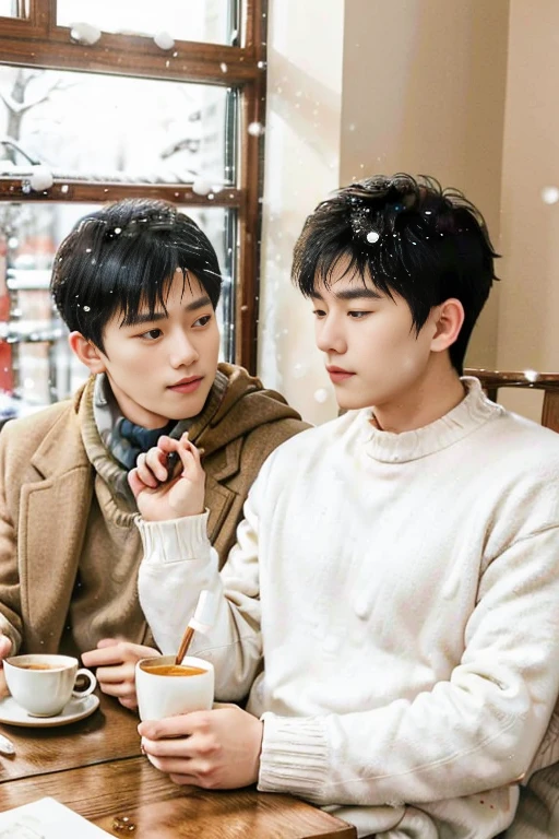 In a cozy winter café scene, two young Japanese men are sitting by a large window sipping coffee. Outside the window, a snow-covered street is visible, with warmly dressed people walking briskly along. Inside the café, the atmosphere is warm and peaceful, with soft lighting and the gentle murmur of quiet conversation. The two men look relaxed and content, gazing out at the winter scenery with soft smiles on their faces. One holds a cup in both hands to warm it while the other gently stirs the coffee. A small plate of pastries sits on the table between them. The café interior is decorated with rustic wooden furniture and festive winter decorations, creating a serene atmosphere. The image quality is excellent, with highly detailed, realistic images and natural, soft lighting. , Ultra High Resolution, Top Quality, SLR Camera, (Live Action Movie Scene), Extremely Fine Detail, Realistic Lighting, Fujifilm XT3,