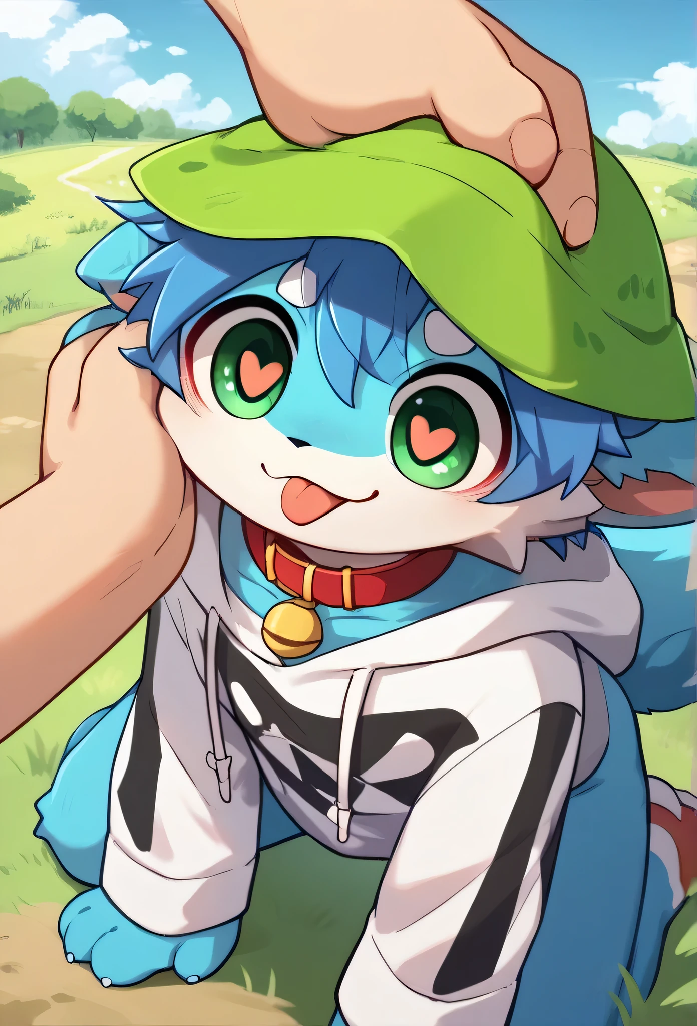   very detailedな,  very detailed,Blue fur,Blue Hair,male,骨を見て excited,Heart Eye,participate,Red collar, green white and colored hat, cute face, something like fluffy fur , excited,Horny boy, on all fours,smile,Plains,doll,Dropped ears,Plains, my mental age , stick out your tongue,Get a head pat,want,Blue furの黒いショートパンツ,  sweatshirt , Long Sleeve  ,trend,