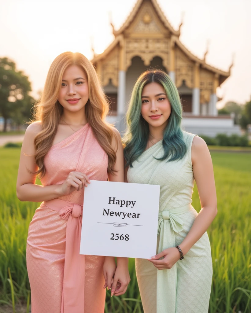 Two beautiful so sexy Japanese woman, standing pose, honey skin, wave spreading hair, sleek gold pink, blue and green hair, wear Thai tradition dress, small breasts, face expression happiness, sexy smile, holding a sign that says "Happy Newyear" and then "2568" in a stylish manly font with a sly smile in an idealistic rural area at golden hour, glamour, morning sun raise, sun light back, rim light, low light, no underwear, body are wet with sweat, soaked, clearly revealing a beautiful, Thai temple background. 