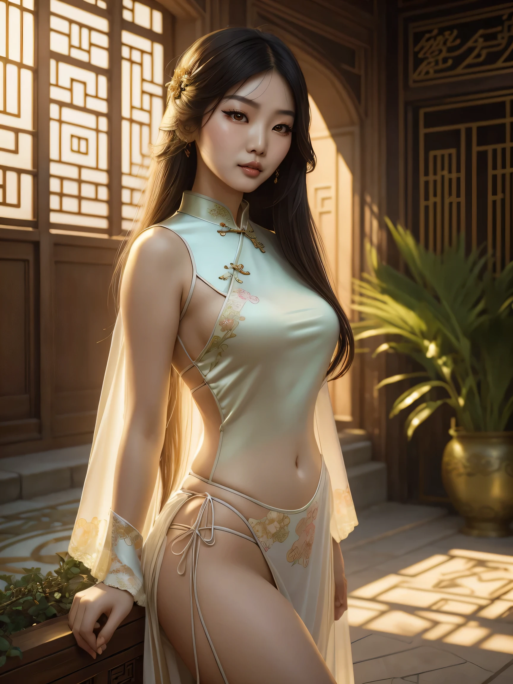 soft_light, (((soft lighting, Masterpiece portrait of Asian goth beauty wearing Cheongsam|bikini))), long hair, beauty mark, standing in A cozy small garden pool of an ancient Alhambra building, Persia-inspired, colorful pillows, and carpets, by Greg Rutkowski dynamic lighting hyperdetailed intricately detailed triadic colors Unreal Engine 5 volumetric lighting with god's rays Alphonse Mucha WLOP Jordan Grimmer. soft shadows.