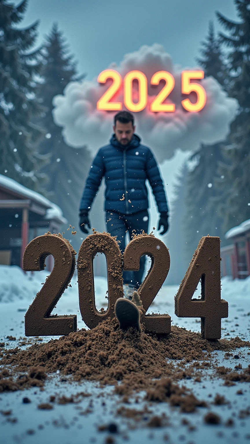 “A hyper-realistic, cinematic winter scene with the focus on a dramatic close-up of a man’s foot crushing a large 3D number ‘2024’ made of earth, which cracks and shatters under the pressure. The man is standing front-facing, visible in the background with a determined and intense expression, his body slightly blurred to maintain the focus on the action of the foot. The atmosphere is dynamic, with debris flying outward to create a sense of motion. Above, the glowing 3D number ‘2025’ with a cloud-like texture floats in the sky, hinting at his ambition and resolve in the cold, crisp winter air.”