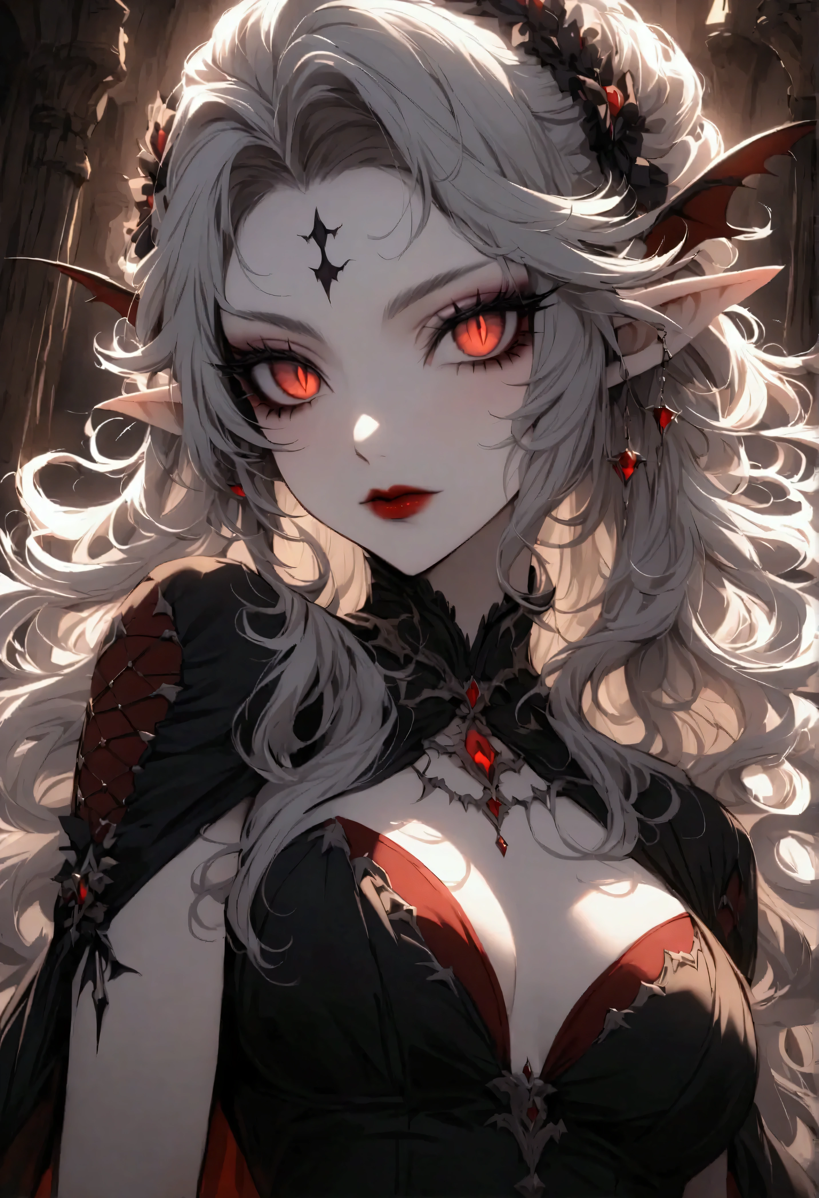 Create an image of the most stunningly gorgeous beautiful perfect sexy vampire elf, beautiful perfect face, long luscious eyelashes, black eyeliner, perfect makeup, lipstick, vibrant detailed vampire slit pupils, long luscious black hair, platinum blond highlights, seductive gothic intricate black dress,