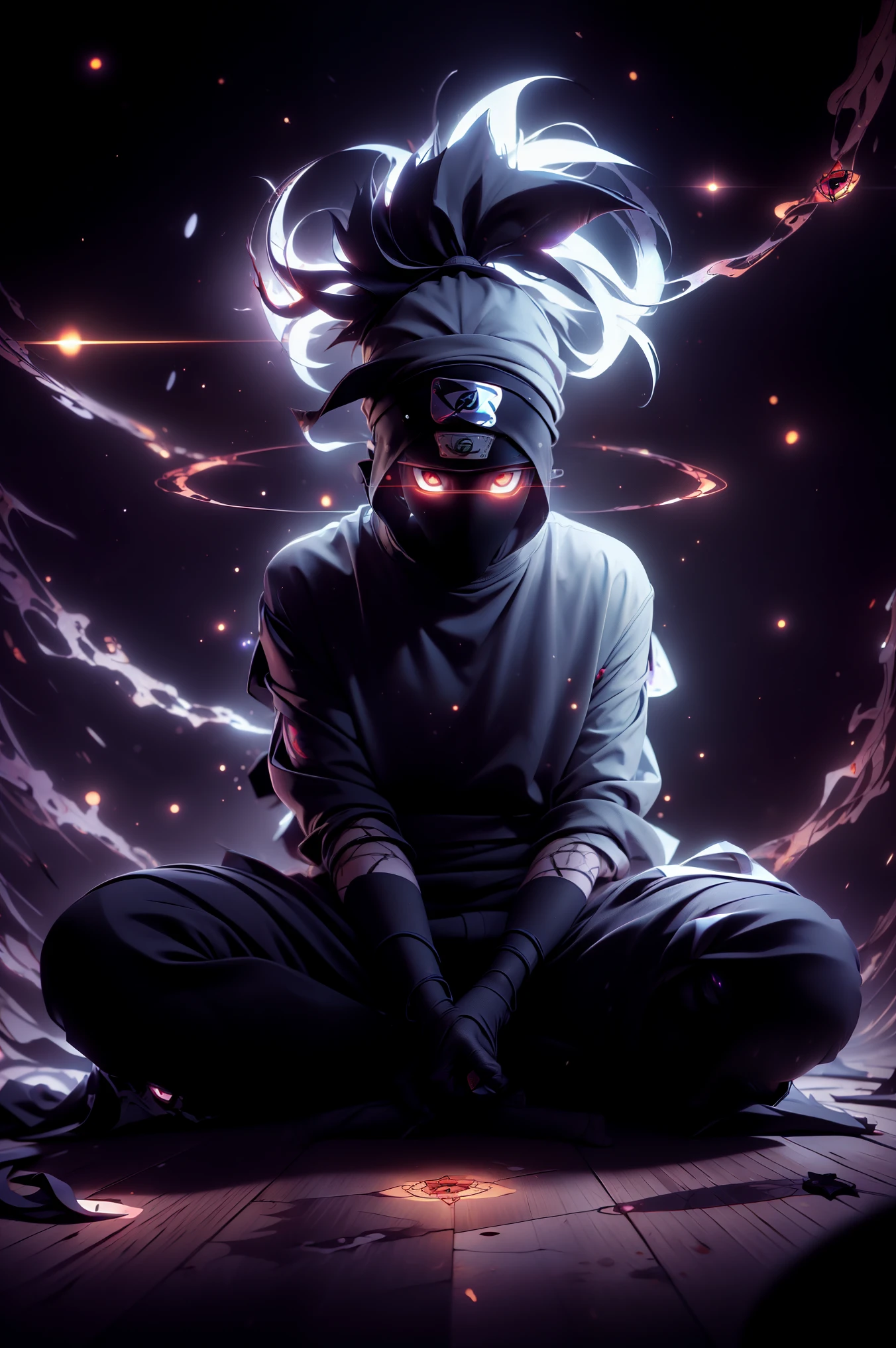 ( best quality,4k,highres),Kakashi sitting on a street-style ledge,((Mangekio Sharingan )),  Leaning against a wall , Red Jordans , red ninja gloves,  white hair , Ninja Headband,  mask that covers her mouth , graffiti background,  vibrant colors, Urban art style, gloomy lighting,(( ghostly ninja )),(Mangekyo Sharingan in the right eye),neon