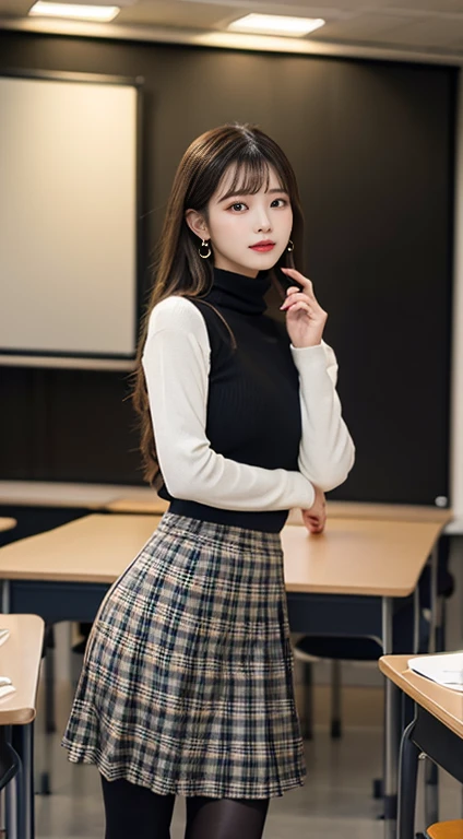 ulzzang-6500-v1.1, (RAW photo: 1.2), (Real photo), (Real photo: 1.4), 1 girl、Perfect anatomy、20 years old、Looking at the camera、Medium length hair、Uniform skirt, skirt, Reading a book, ((reading room: 1.1))、(Hyperrealistic tights: 1.2), (Business service)、Asian eyes Ella,