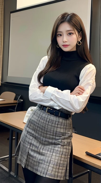 (8ก, best quality, Masterpiece:1,2), (realistic, photo-realistic:1,37), Highest quality, Masterpiece, beautiful young woman, Sexy Teacher, Sexy female teacher, sexy tight work outfit, short skirt, round chest, wear glasses, Naughty look, Teaching classroom background with stacked chairs and study desks