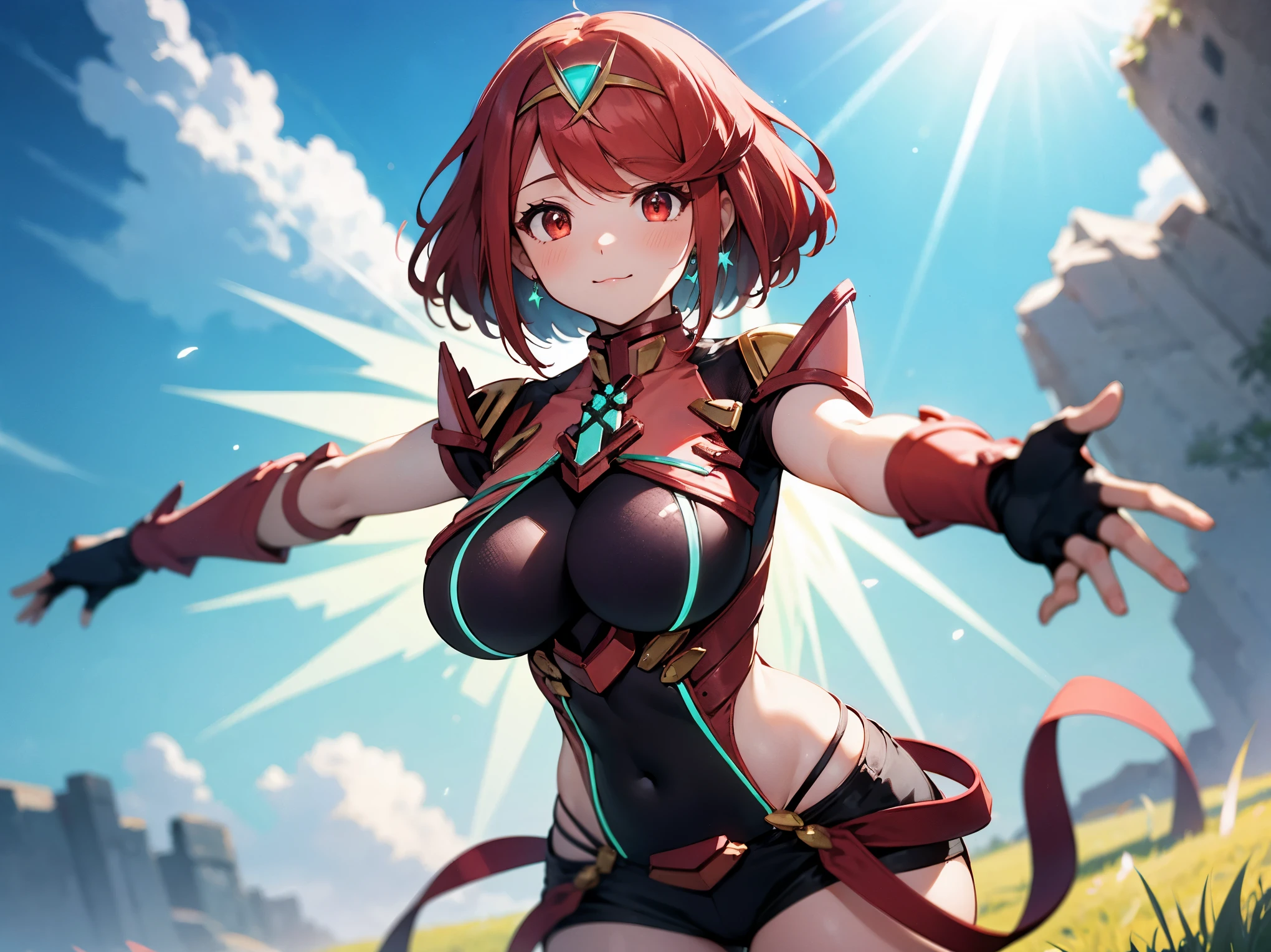 score_9, score_8_up, score_7_up, source_anime, rating_safe, BREAK pyra \(xenoblade\), 1girl, red hair, short hair, swept bangs, bob cut, red eyes, large breasts, tiara, earrings, chest jewel, backless outfit, bodysuit, covered navel, neon trim, clothing cutout, short sleeves, fingerless gloves, black gloves, short shorts, red footwear, thigh boots, fdutch angle, light smile, eye focus, closed mouth, looking at viewer, facing viewer, reaching towards viewer, outstretched arms, wind, floating hair, lightning, light particles, light rays, blue sky, cloud, sunlight, grassland_background ,lens flare,(plump:0.7),:3