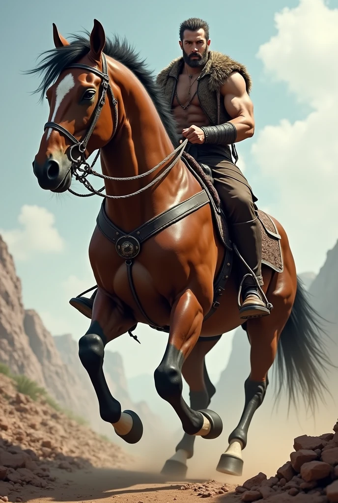 A centaur sprints across the plains with a spear in hand,Panning shot,Trained muscles,Dynamic Scene,mature,Experienced,