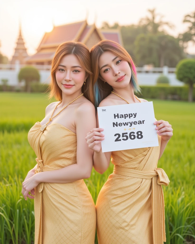 Two beautiful so sexy Japanese woman, standing pose, back to back, head to head, honey skin, wave spreading hair, sleek gold pink, blue and green hair, wear Thai tradition dress, small breasts, face expression happiness, sexy smile, holding a sign that says "Happy Newyear" and then "2568" in a stylish manly font with a sly smile in an idealistic rural area at golden hour, glamour, morning sun raise, sun light back, rim light, low light, no underwear, body are wet with sweat, soaked, clearly revealing a beautiful, Thai temple background. 