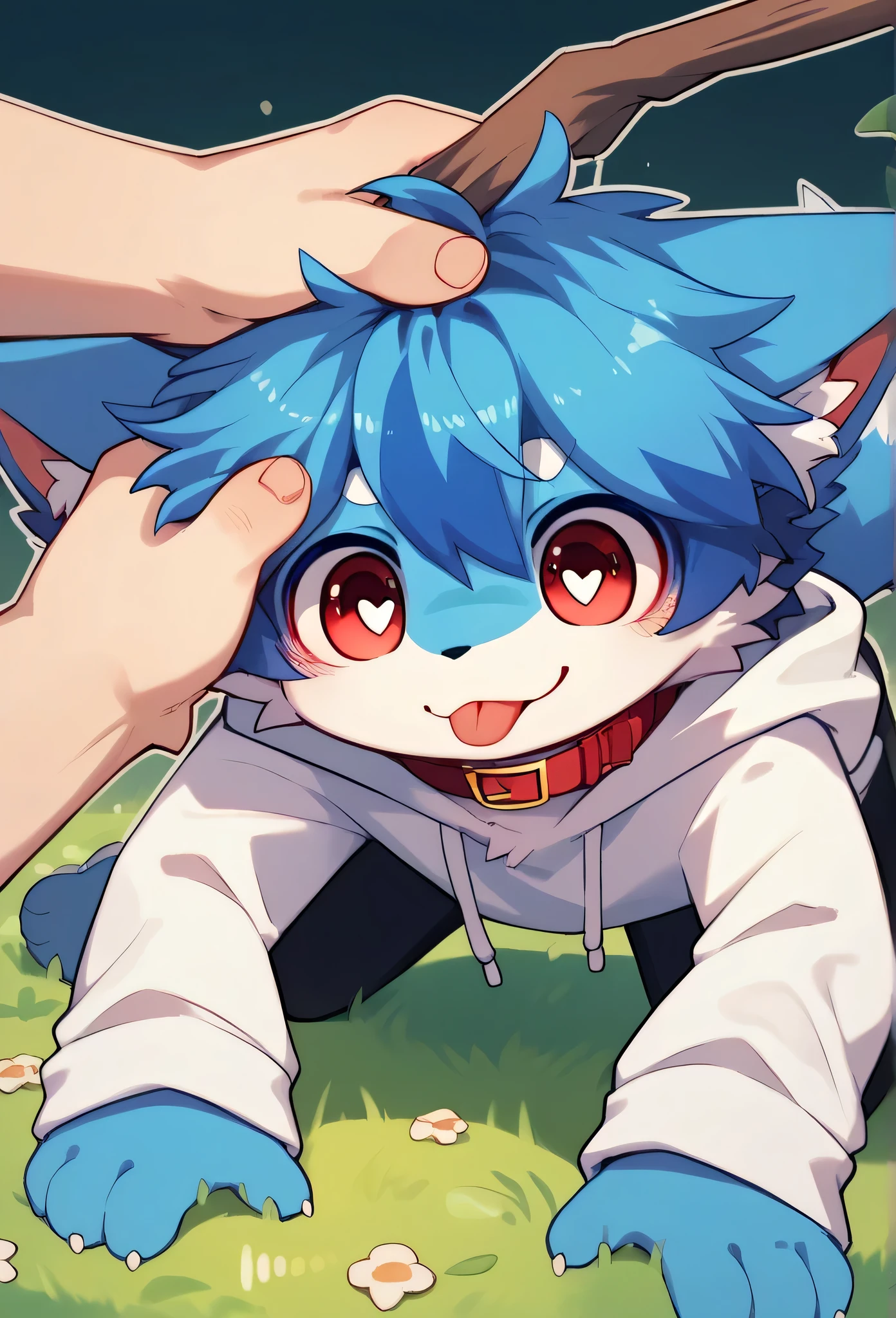   very detailedな,  very detailed,Blue fur,Blue Hair,male,骨を見て excited,Heart Eye,participate,Red collar, cute face, something like fluffy fur , excited,Horny boy, on all fours,smile,Plains,doll,Dropped ears,Plains, my mental age , stick out your tongue,Get a head pat,want,Blue furの黒いショートパンツ,  sweatshirt , Long Sleeve  ,trend,