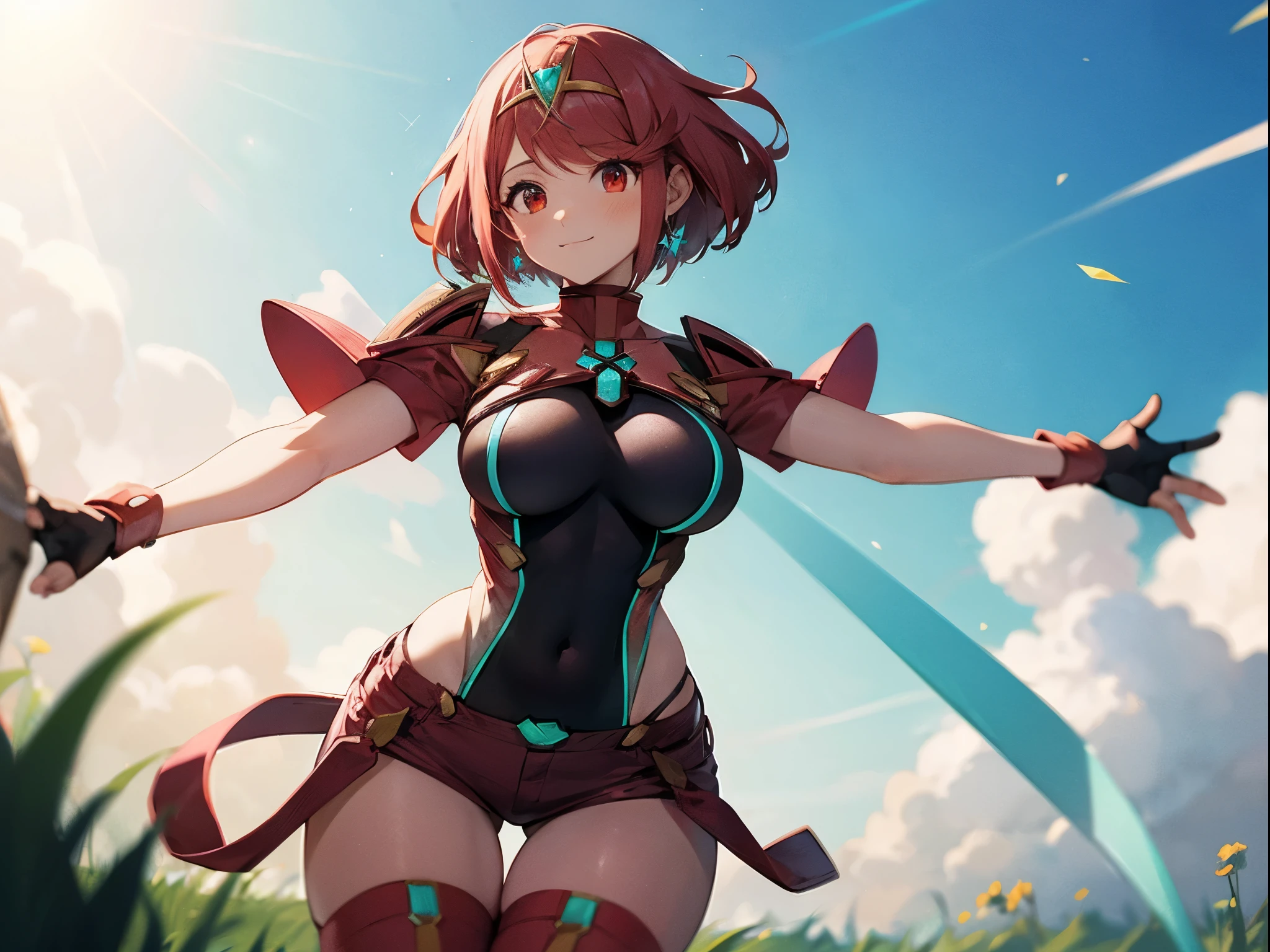 score_9, score_8_up, score_7_up, source_anime, rating_safe, BREAK pyra \(xenoblade\), 1girl, red hair, short hair, swept bangs, bob cut, red eyes, large breasts, tiara, earrings, chest jewel, backless outfit, bodysuit, covered navel, neon trim, clothing cutout, short sleeves, fingerless gloves, black gloves, short shorts, red footwear, thigh boots, fdutch angle, light smile, eye focus, closed mouth, looking at viewer, facing viewer, outstretched arms, wind, floating hair, lightning, light particles, light rays, blue sky, cloud, sunlight, grassland_background ,lens flare,(plump:0.7),:3