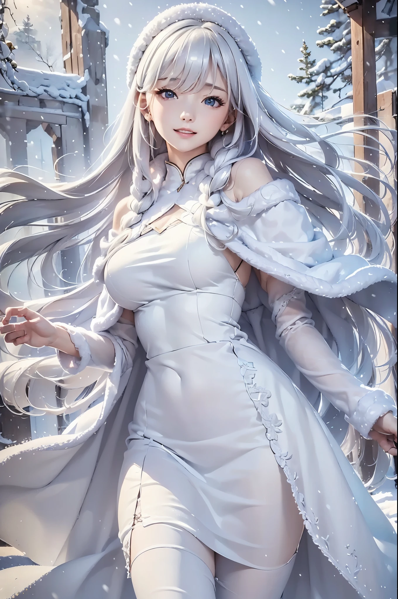 masterpiece, (highest quality: 1.2), (super fine: 1.2), figure, (very delicate and beautiful: 1.2), film angle, floating, (beautiful detail eyes: 1.1), (detail light: 1.1), film light, delicate sky, realistic:1.3, 1girl, white hair, , winter dress and coats, outdoors, snow falling, off shoulder dress, far corts, ruins
