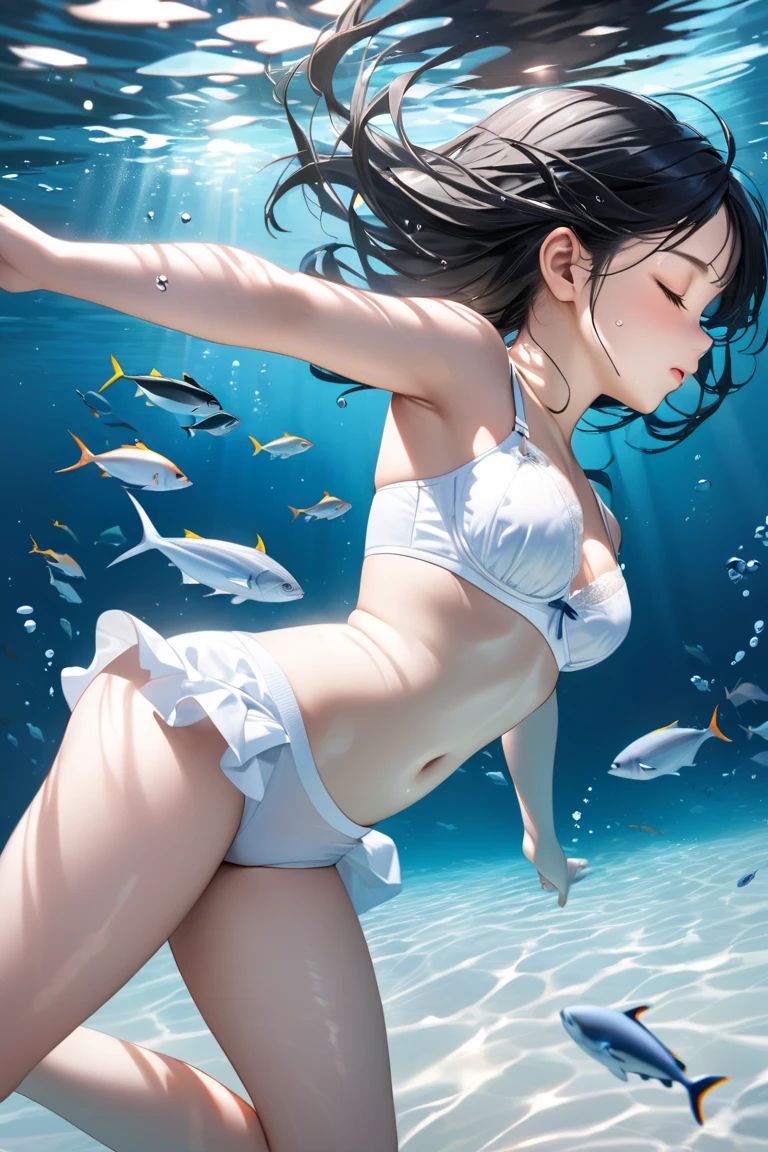 high resolution, 1girl, in the sea, Young girl, (young face)、wicked smile、light brown hair、delicate body、perfect hands、(plump thighs)、perfect feet、small breasts, Colorful Micro Bikini、(detailed crotch)、snorkel、Swim with colorful fish、very clear sea、sunlight shines in、Glitter、In the sea、((Open your legs and swim gracefully))、((Angle from below the thigh))、(close up of thighs)