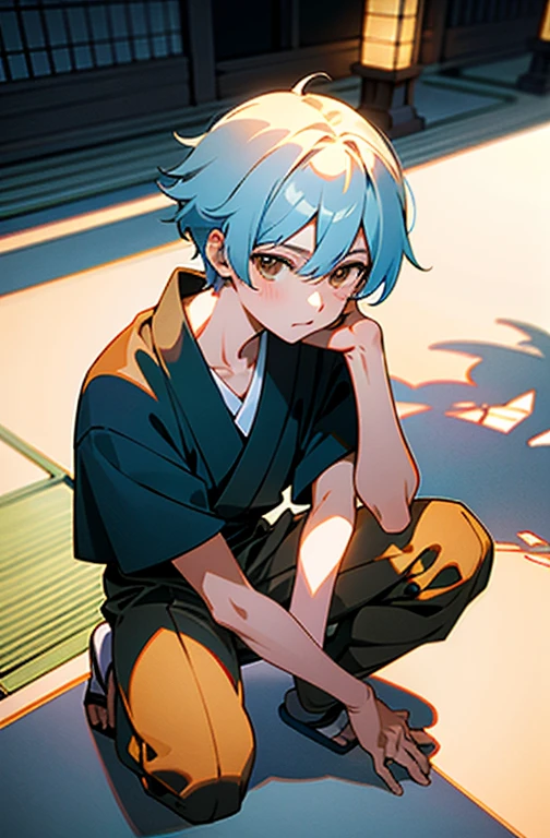 masterpiece, 最 High Quality ,  High Quality ,   1 Boy ,, ,,   male focus  ,  full body,  watching viewers,  light blue hair with a slender body,  brown eyes,  short hair with shadows,,  Japanese style,   anime coloring , shy,  Home Muji Style,  detailed face ,,  outdoor,,  open leg , Place your hands on your knees