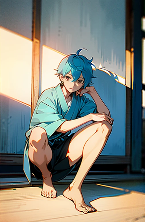 masterpiece, 最 High Quality ,  High Quality ,   1 Boy ,, ,,   male focus  ,  full body,  watching viewers,  light blue hair with a slender body,  brown eyes,  short hair with shadows,,  Japanese style,   anime coloring , shy,  Home Muji Style,  detailed face ,,  outdoor,,  open leg , Place your hands on your knees