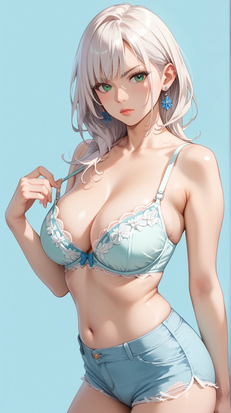 1woman, mature woman body, single chignon hair style, big breast size, serious expression, flat Bangs hair style, white hair with blue strokes, detailed hair, bright green eyes, wearing earring, wearing lacy bra, wearing short pants, elegant standing pose, white background, high res, ultrasharp, 8K, masterpiece, looking at the viewer (masterpiece), best quality, expressive eyes, perfect face