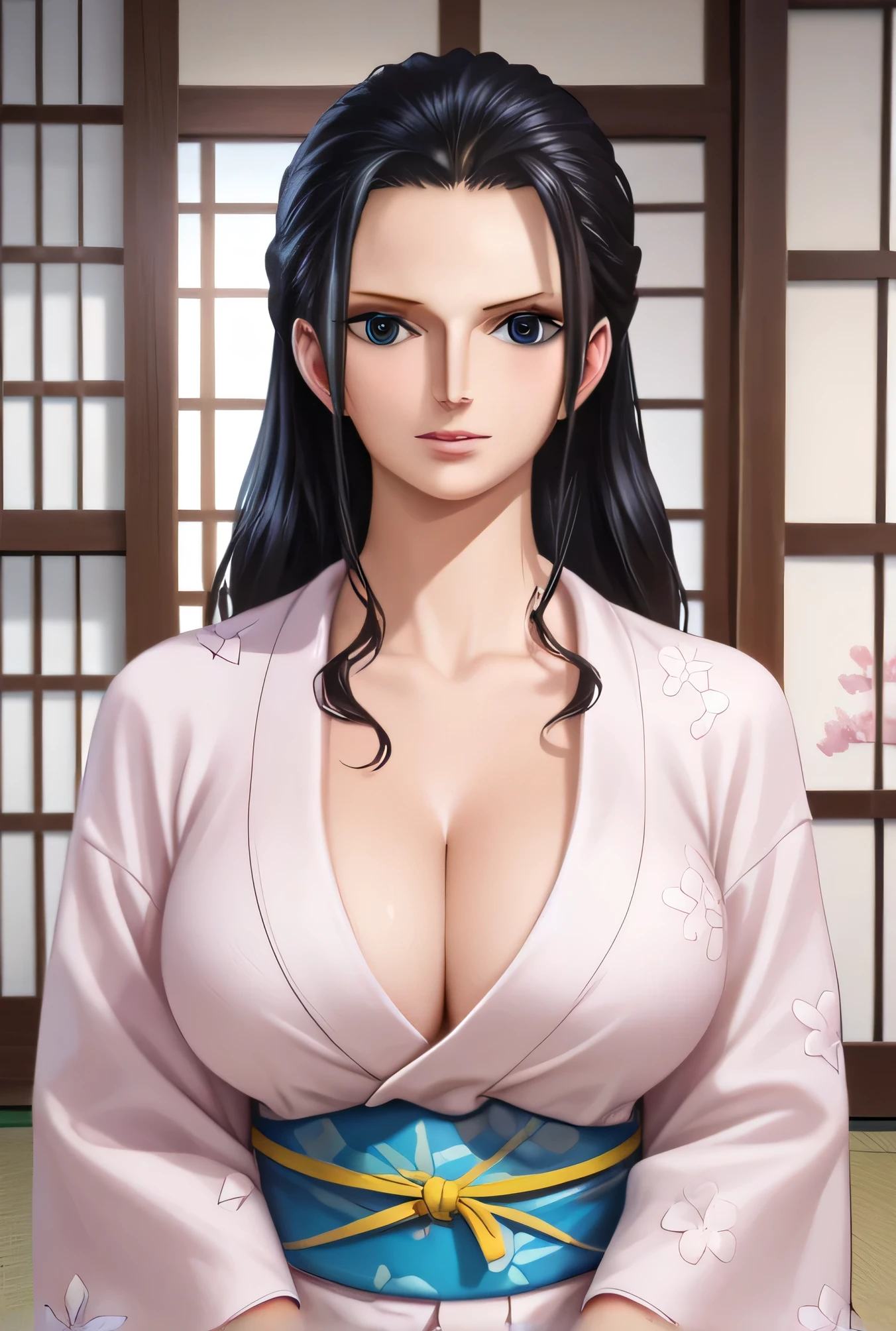 Nico Robin, long hair, ((big breasts: 1.1)), ((kimono: 1.1)), perfect face, beautiful eyes and face, ((Black eyes: 1.27)), Very detailed, single, ((detailed skin quality: 1.2)), ((unrealistic: 1.2)), high resolution, RAW photo, masterpiece, highest quality, beauty, whole body, hairstyle details, mature woman, Japanese room, RAW photo, highest quality, masterpiece, realistic, high resolution, hyper detail, realism, beautiful face, 1 woman, high resolution, 8k, highly detailed, 4K, Pixiv