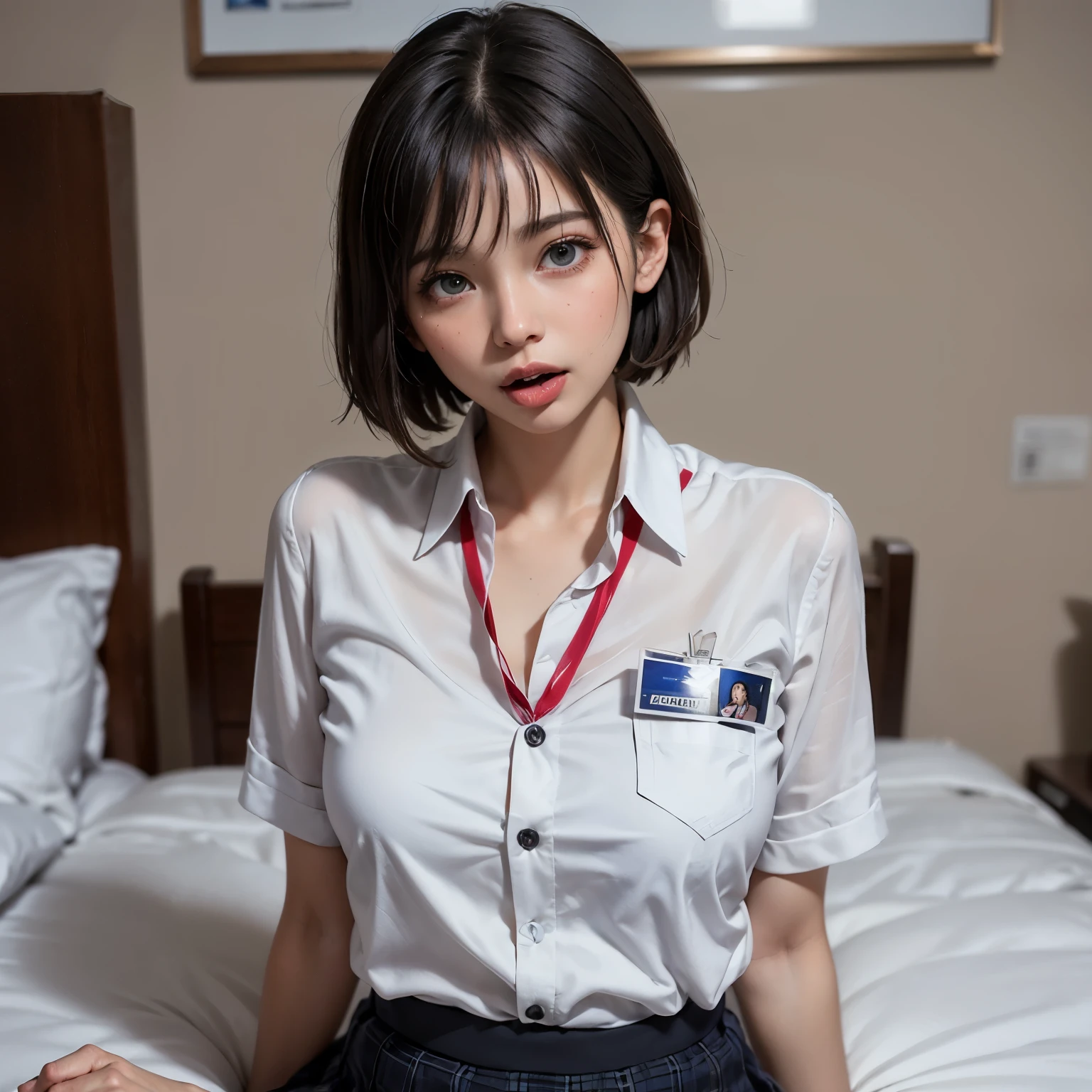 nsfw,masterpiece, best quality, ultra-detailed,hyperrealistic,shiny skin, 1girl,pixie cut,((black hair)),short hair,dark green eyes,(((tareme))), bed room,school uniform,white shirt,plaid pleated skirt, red ribbon tie,,(ahegao:1.2),(cum on tongue:1.2),(long tongue:1.2),(bukkake:1.2),(cum on fase:1.2),(facial:1.2),(rolling eyes:1.2), spread legs,open pussy,(holding student ID card:1.2)),