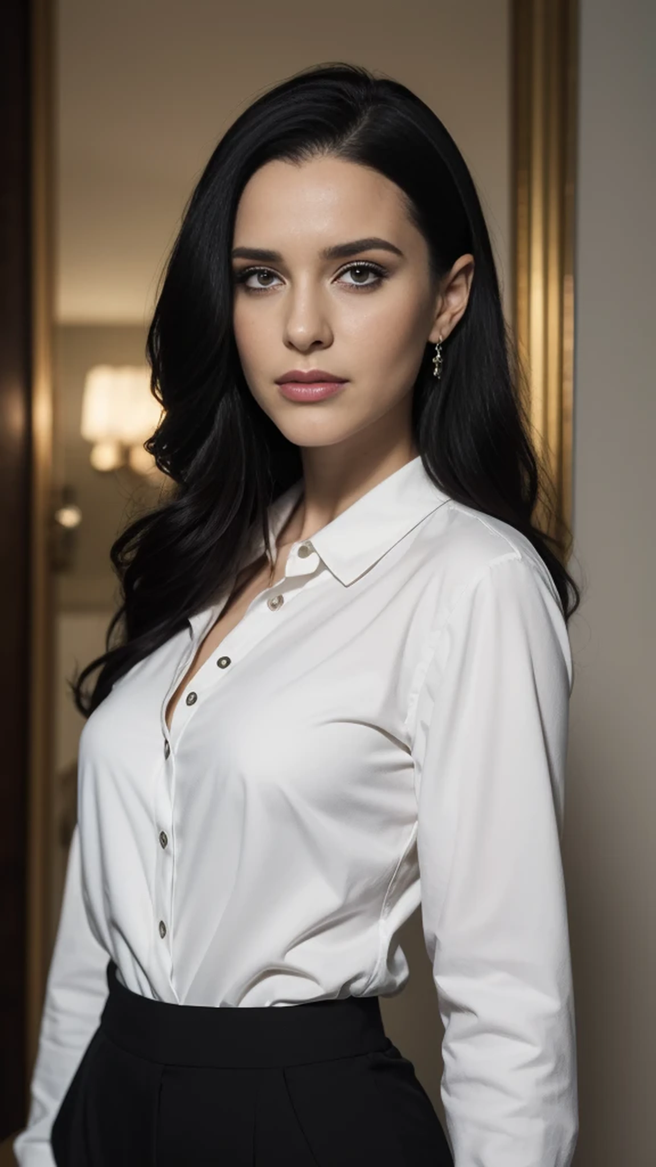 beautiful woman, looking at viewer, half body portrait, cinematic lighting, long black hair, wearing a white formal shirt with long sleeves, wearing black pants