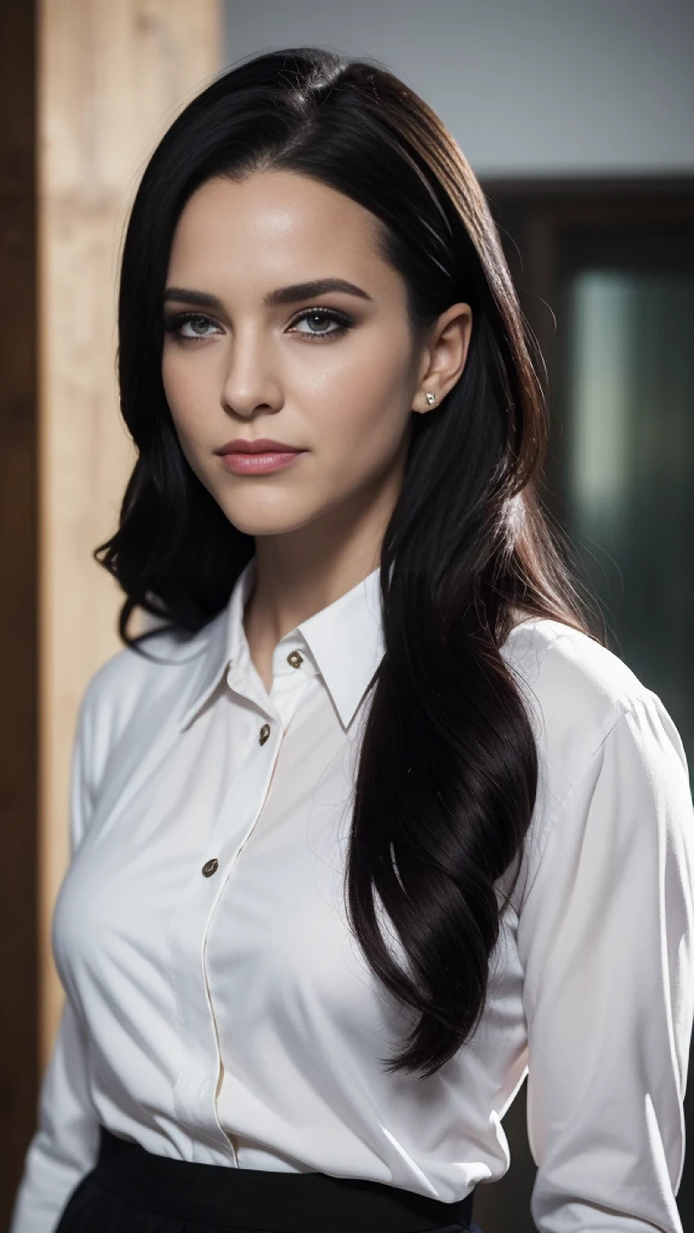 beautiful woman, looking at viewer, half body portrait, cinematic lighting, long black hair, wearing a white formal shirt with long sleeves, wearing black pants