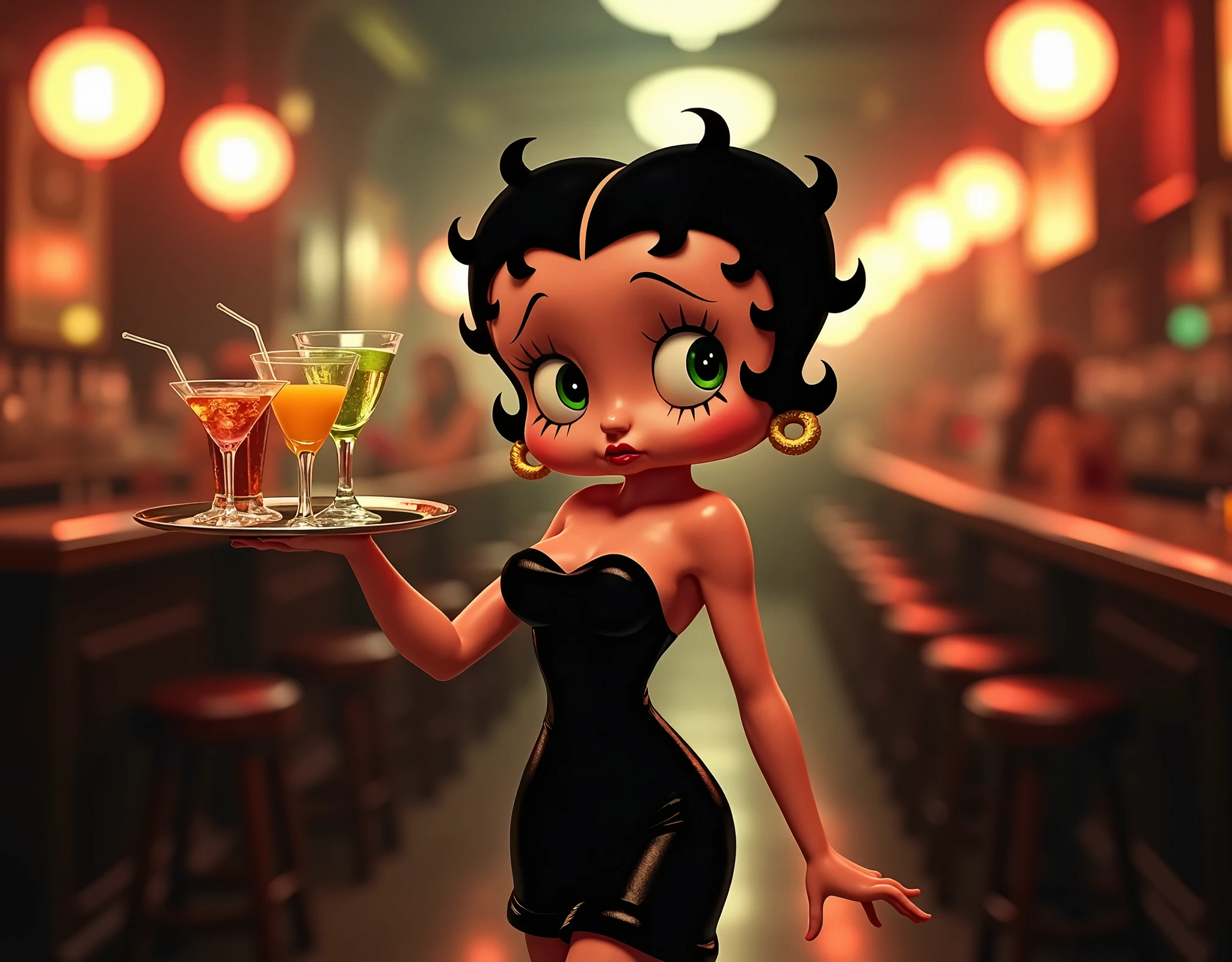 
Betty Boop , sexy hyperrealistic , looks stunning in a beautiful sparkly dress at a nightclub drinking wine by the glass 