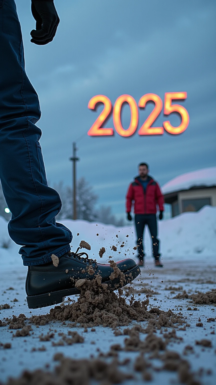 
“A hyper-realistic, cinematic winter scene with the focus on a dramatic close-up of a man’s foot crushing a large 3D number ‘2024’ made of earth, which cracks and shatters under the pressure. The man is standing front-facing, visible in the background with a determined and intense expression, his body slightly blurred to maintain the focus on the action of the foot. The atmosphere is dynamic, with debris flying outward to create a sense of motion. Above, the glowing 3D number ‘2025’ with a cloud-like texture floats in the sky, hinting at his ambition and resolve in the cold, crisp winter air.”