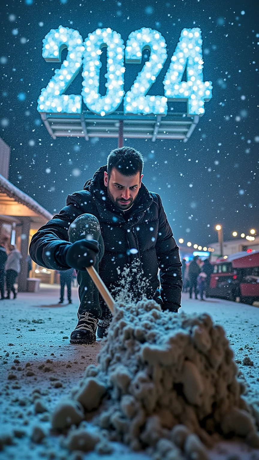 
“A hyper-realistic, cinematic winter scene with the focus on a dramatic close-up of a man’s foot crushing a large 3D number ‘2024’ made of earth, which cracks and shatters under the pressure. The man is standing front-facing, visible in the background with a determined and intense expression, his body slightly blurred to maintain the focus on the action of the foot. The atmosphere is dynamic, with debris flying outward to create a sense of motion. Above, the glowing 3D number ‘2025’ with a cloud-like texture floats in the sky, hinting at his ambition and resolve in the cold, crisp winter air.”