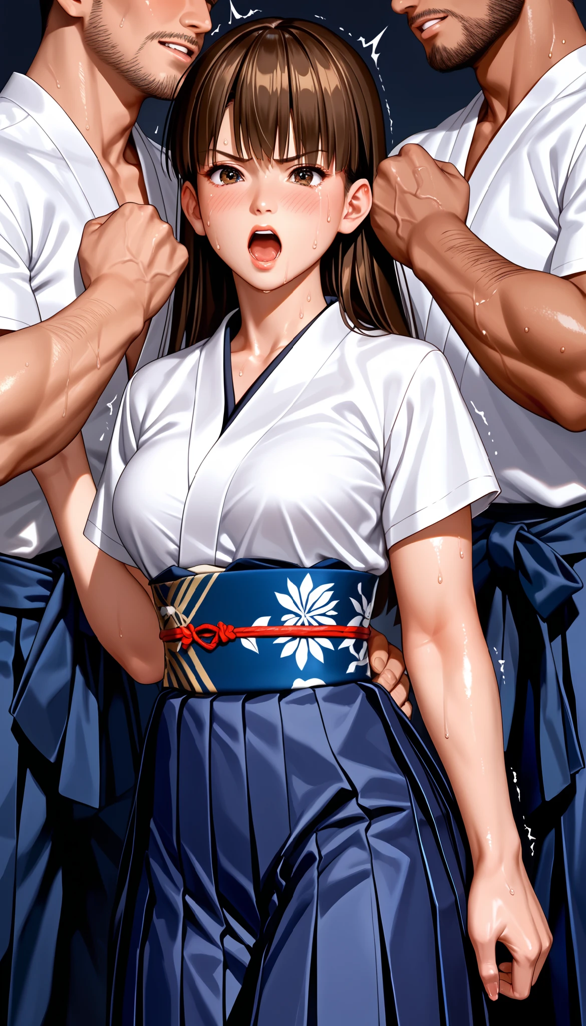 DOALeiFang, LeiFangDOA, gasp, Captured by men, Captive, Surrounded by men, Attacked by men:1.5, Many men:1.5, Man grabs her arm, Man attacks from behind, Man grabs her leg, Men Swarm 1:5, (short sleeve white solid kimono tops and high waist dark-blue maxi-length (skirt, hakama) with dark-blue obi:1.4), be breathless, sweat, sparkling sweat, trembling, (long brown straight hair:1.2), brown eyes, breasts, [[angry]], blush, {anguish}, {{shameful}},