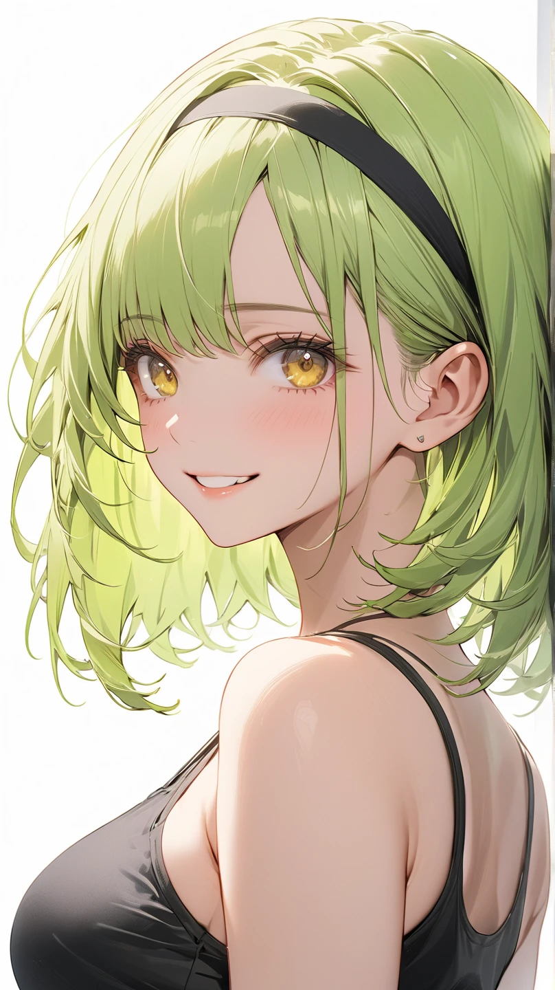 girl, green hair, curly hair, yellow eyes, nude, long hair