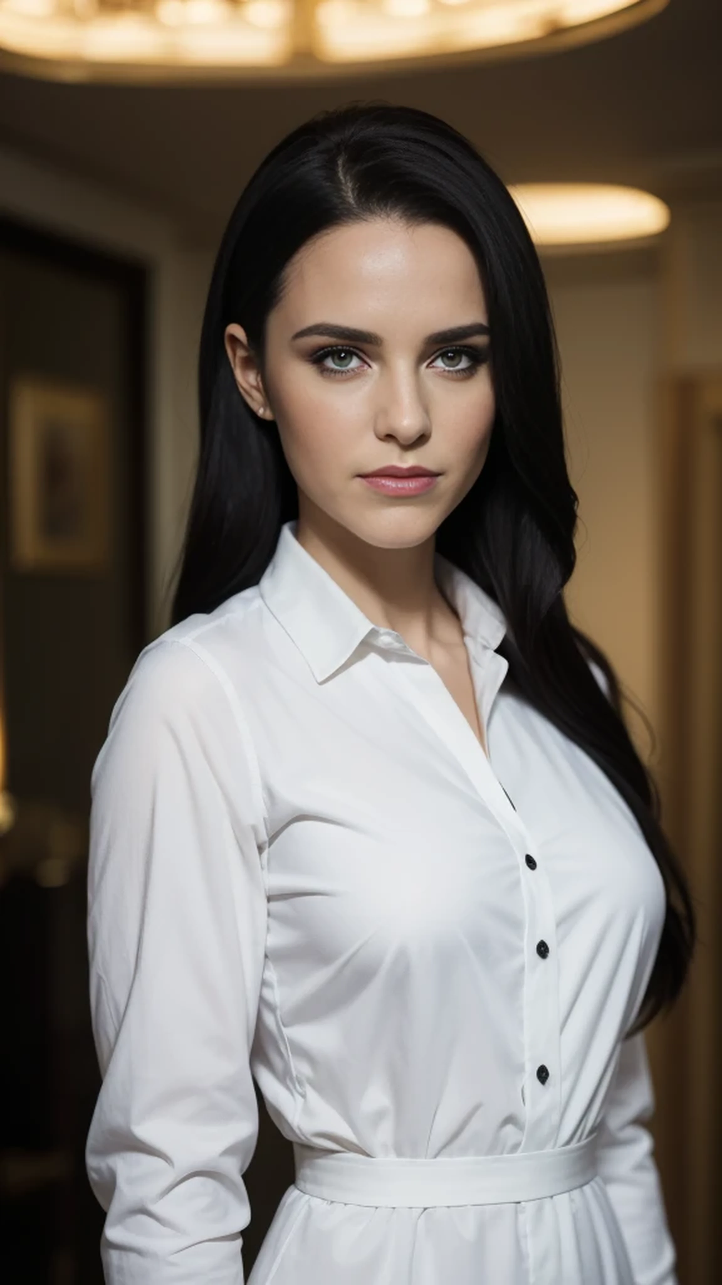 beautiful woman, looking at viewer, (half body portrait), cinematic lighting, long black hair, wearing a white formal shirt with long sleeves,