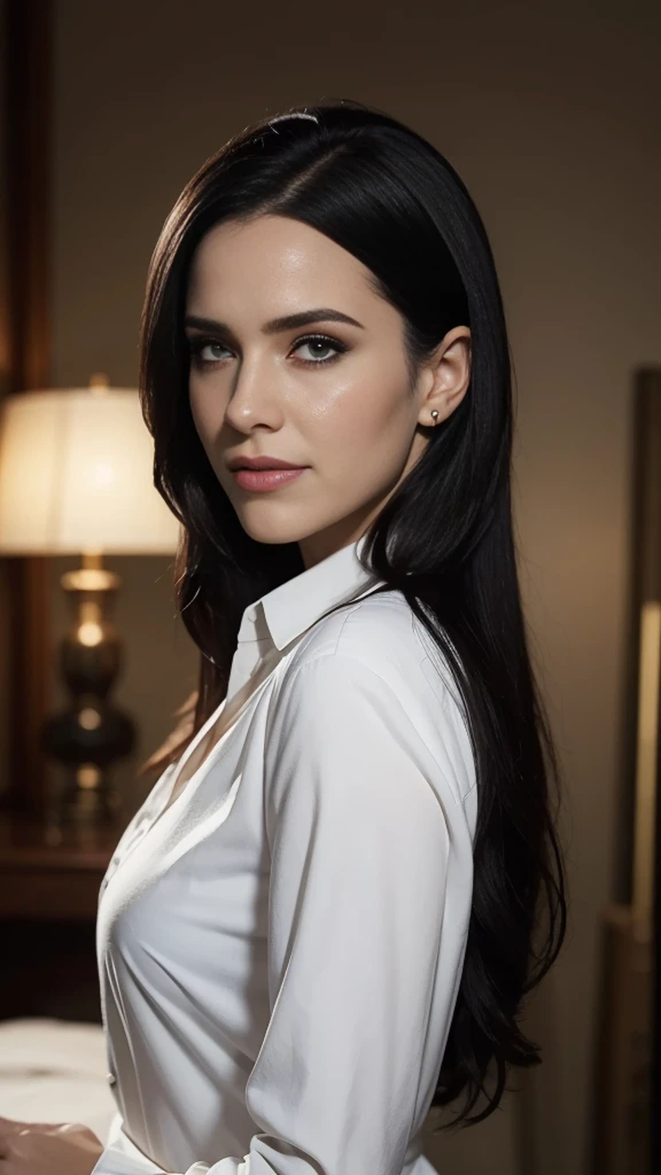 beautiful woman, looking at viewer, (half body portrait), cinematic lighting, long black hair, wearing a white formal shirt with long sleeves,