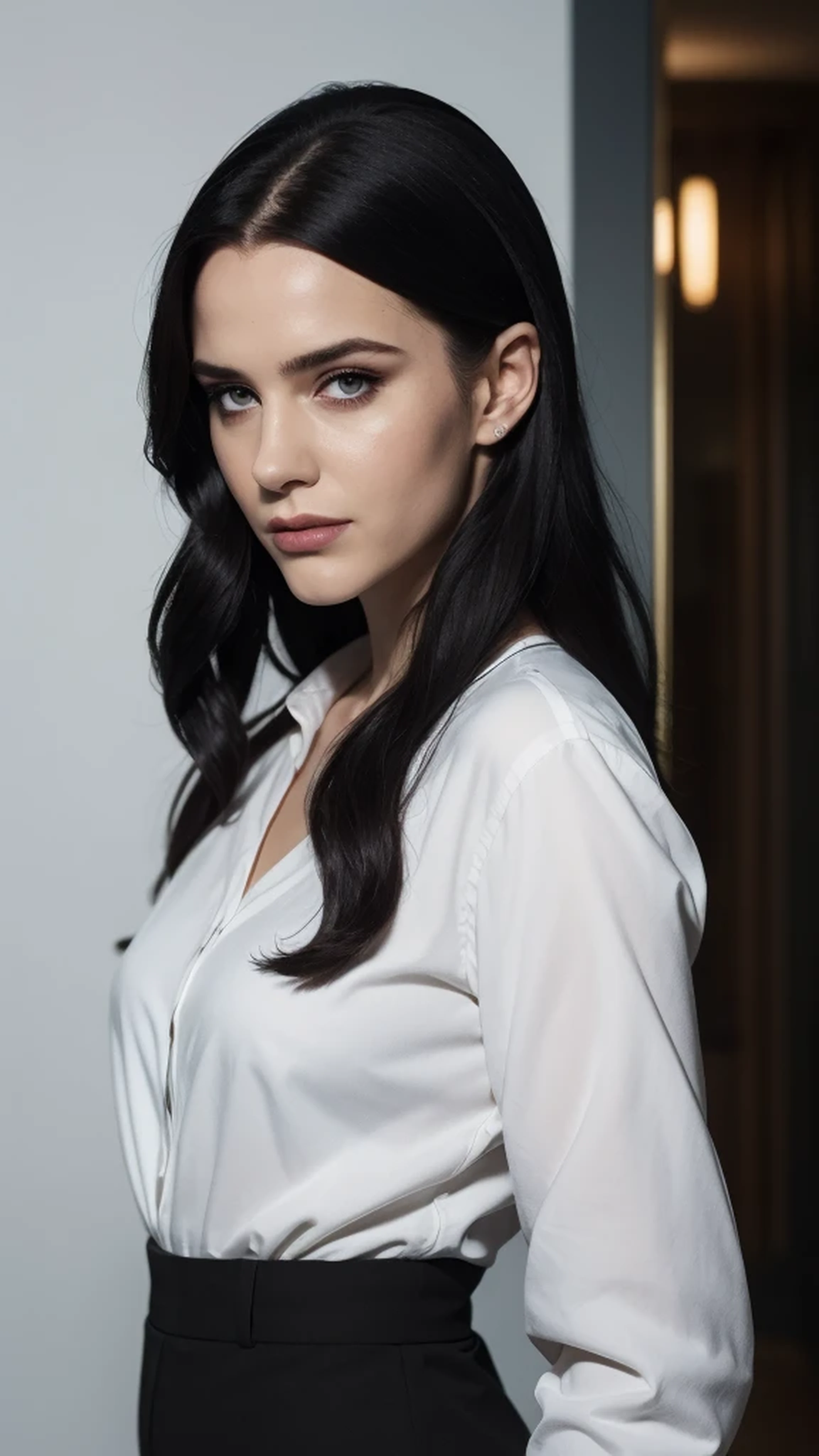 beautiful woman, looking at viewer, (half body portrait), cinematic lighting, long black hair, wearing a white formal shirt with long sleeves,